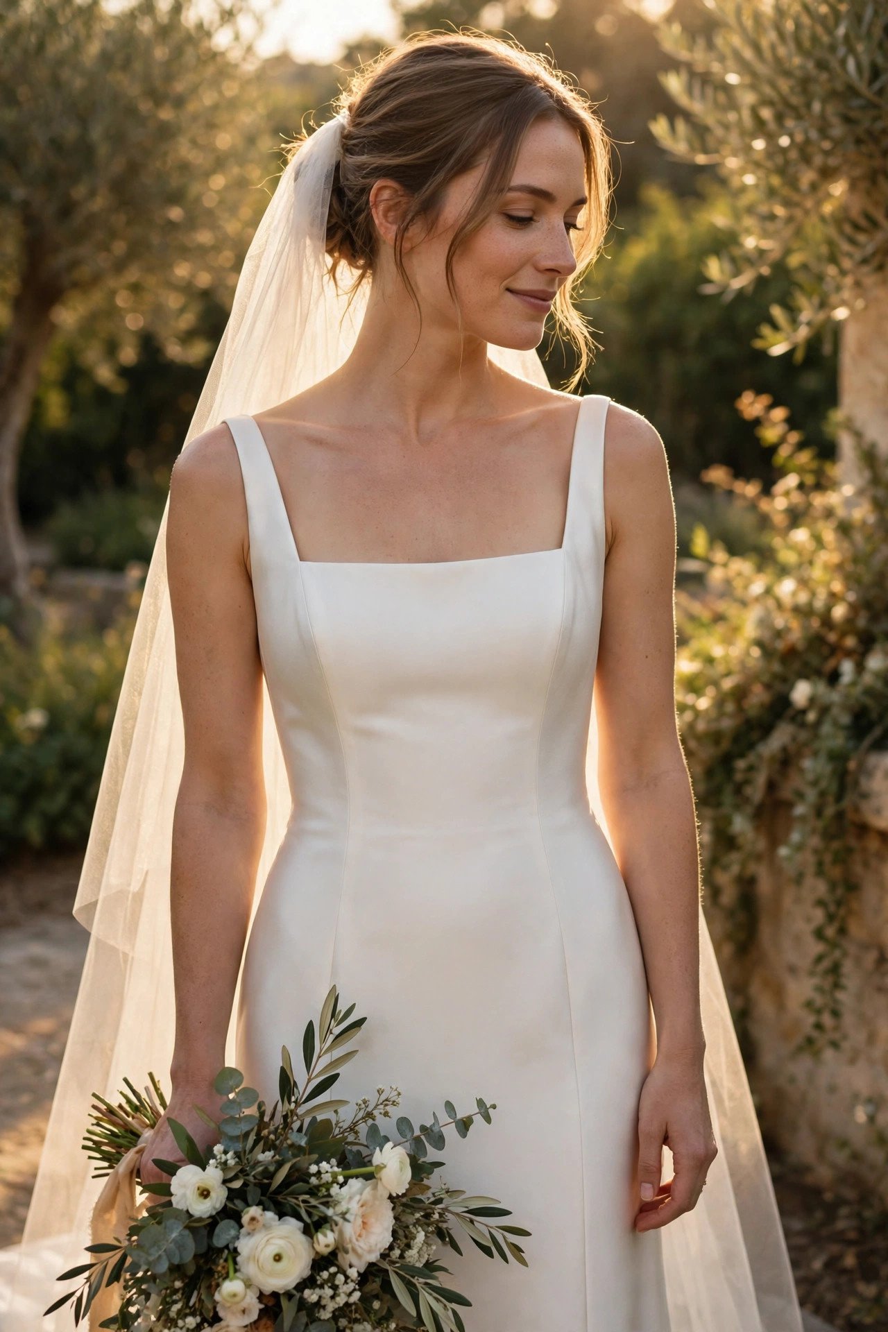 Bride in a square-neck column wedding gown