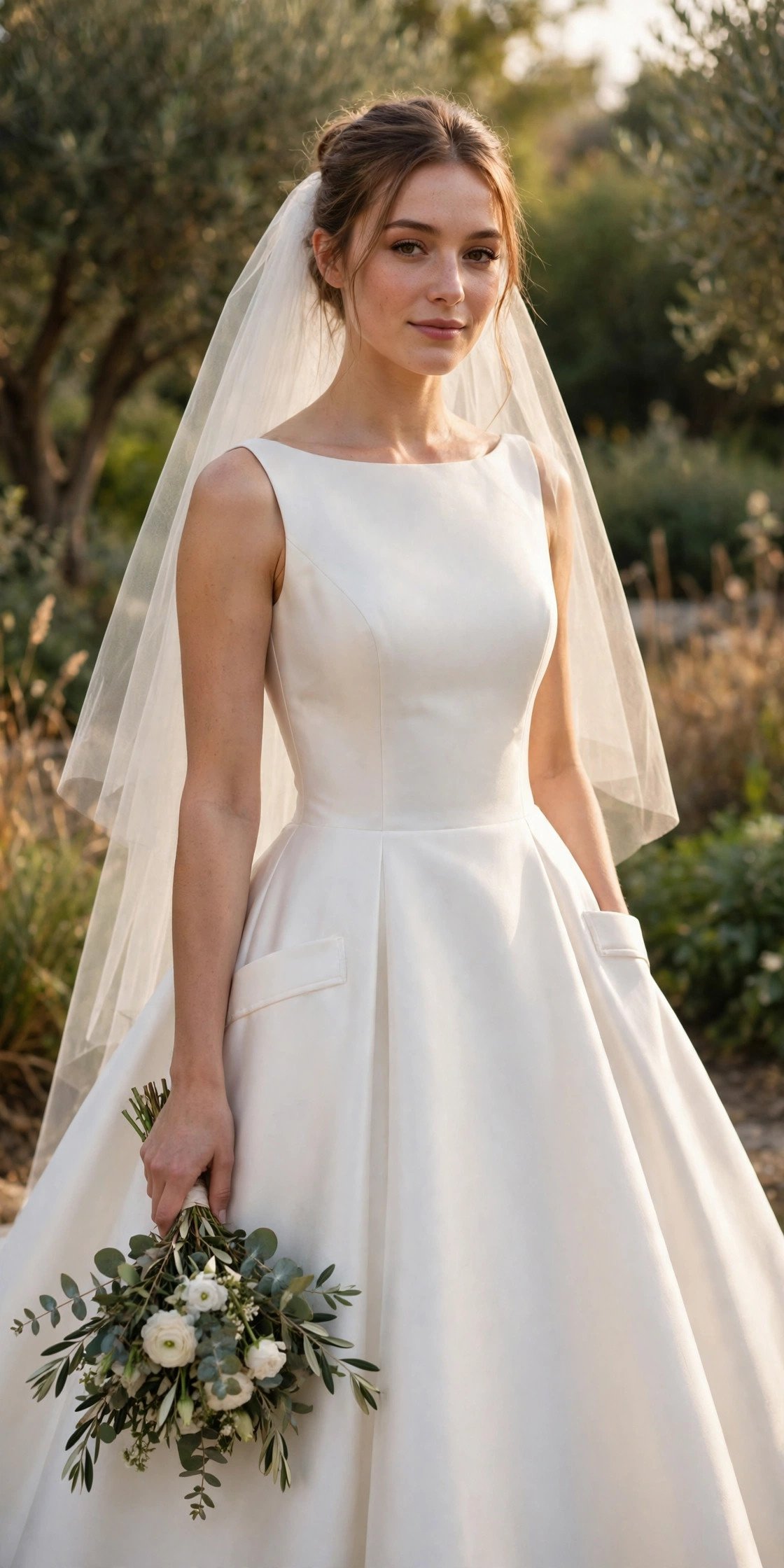 Bride in a minimalist mikado ball gown with pockets