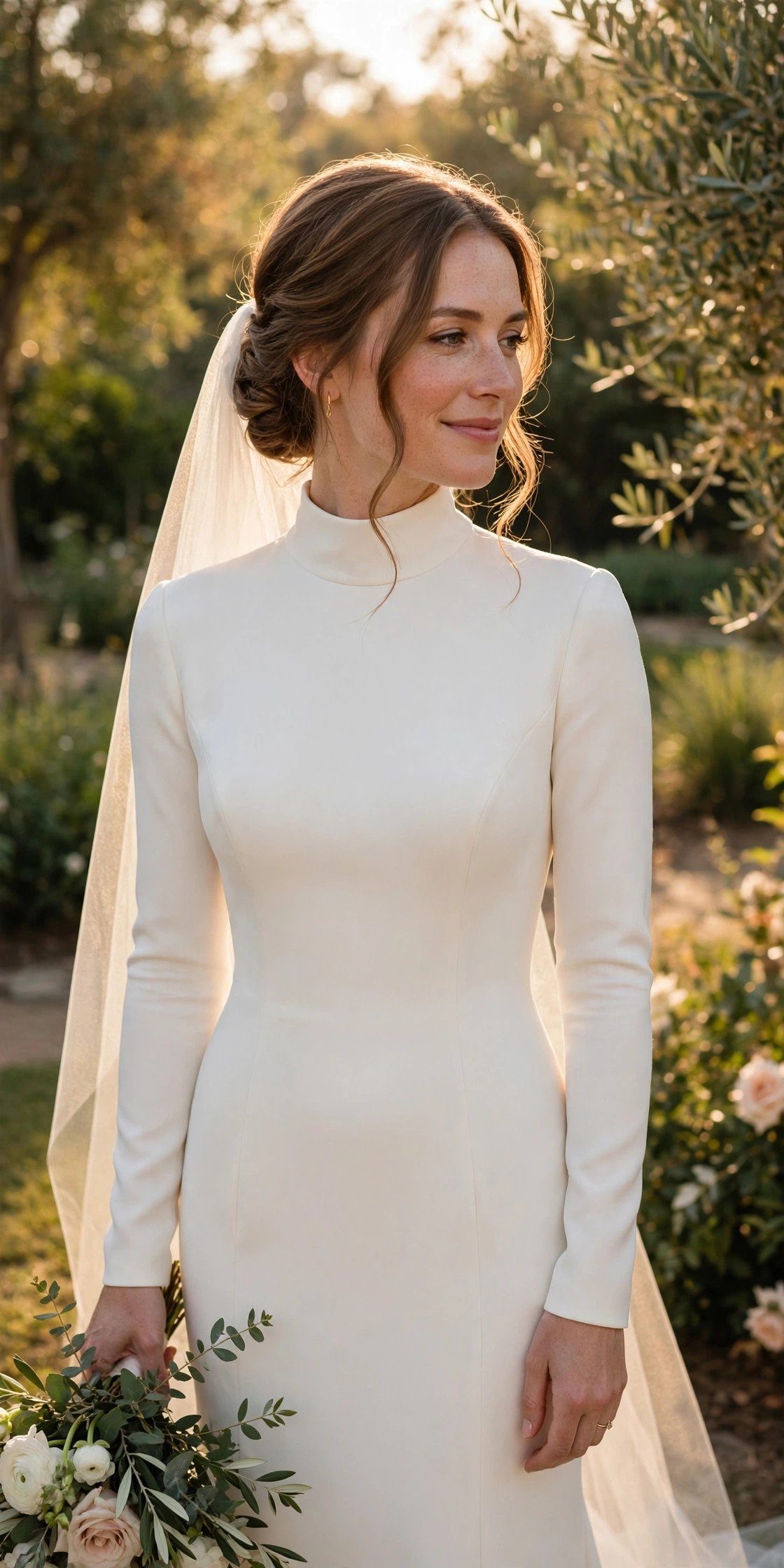 Bride in a high-neck crepe sheath wedding dress