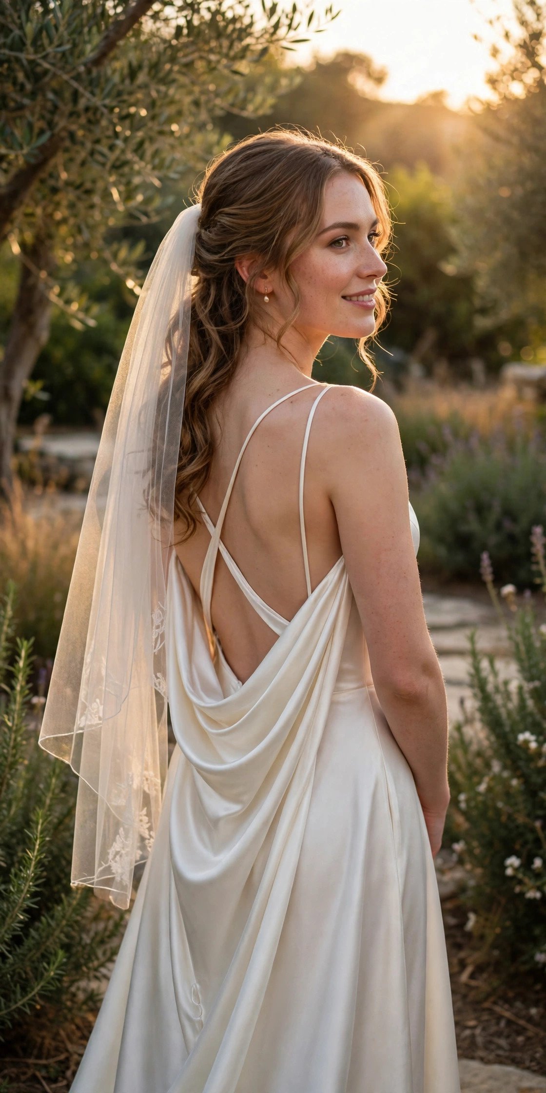 Bride in a backless silk wedding gown with a low draped back