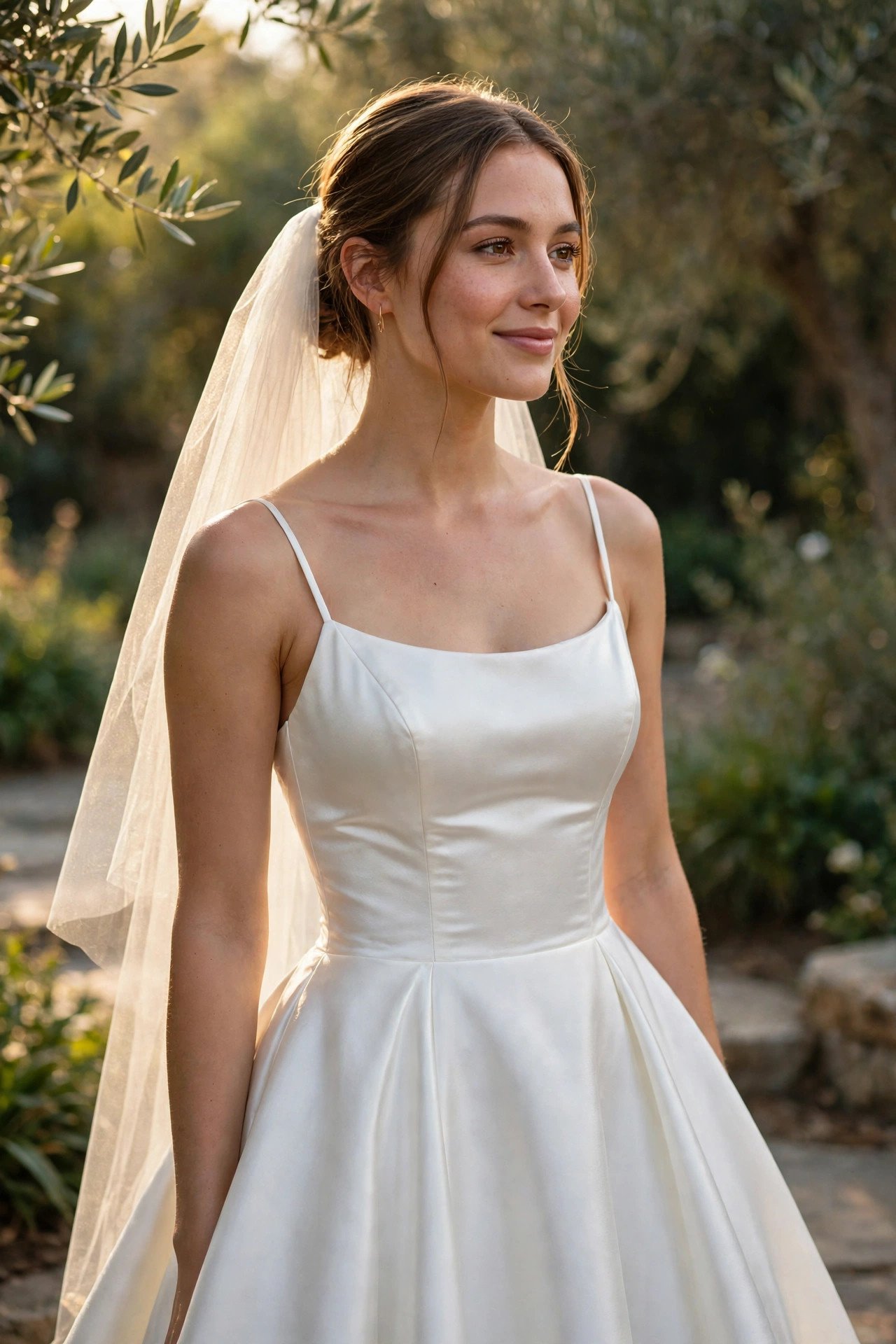 Bride in a simple satin fit-and-flare wedding dress