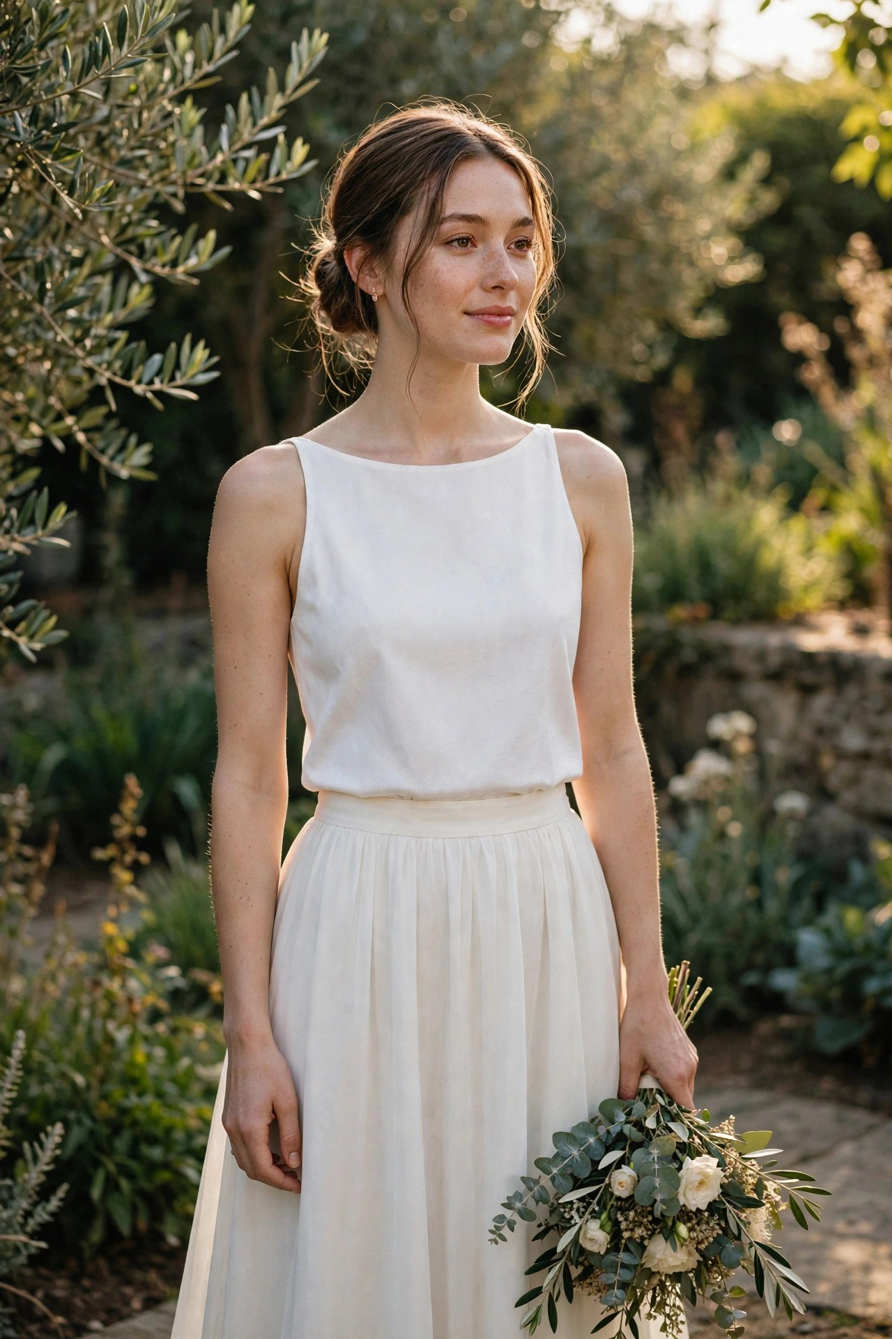 Bride wearing minimalist bridal separates with a plain top and skirt