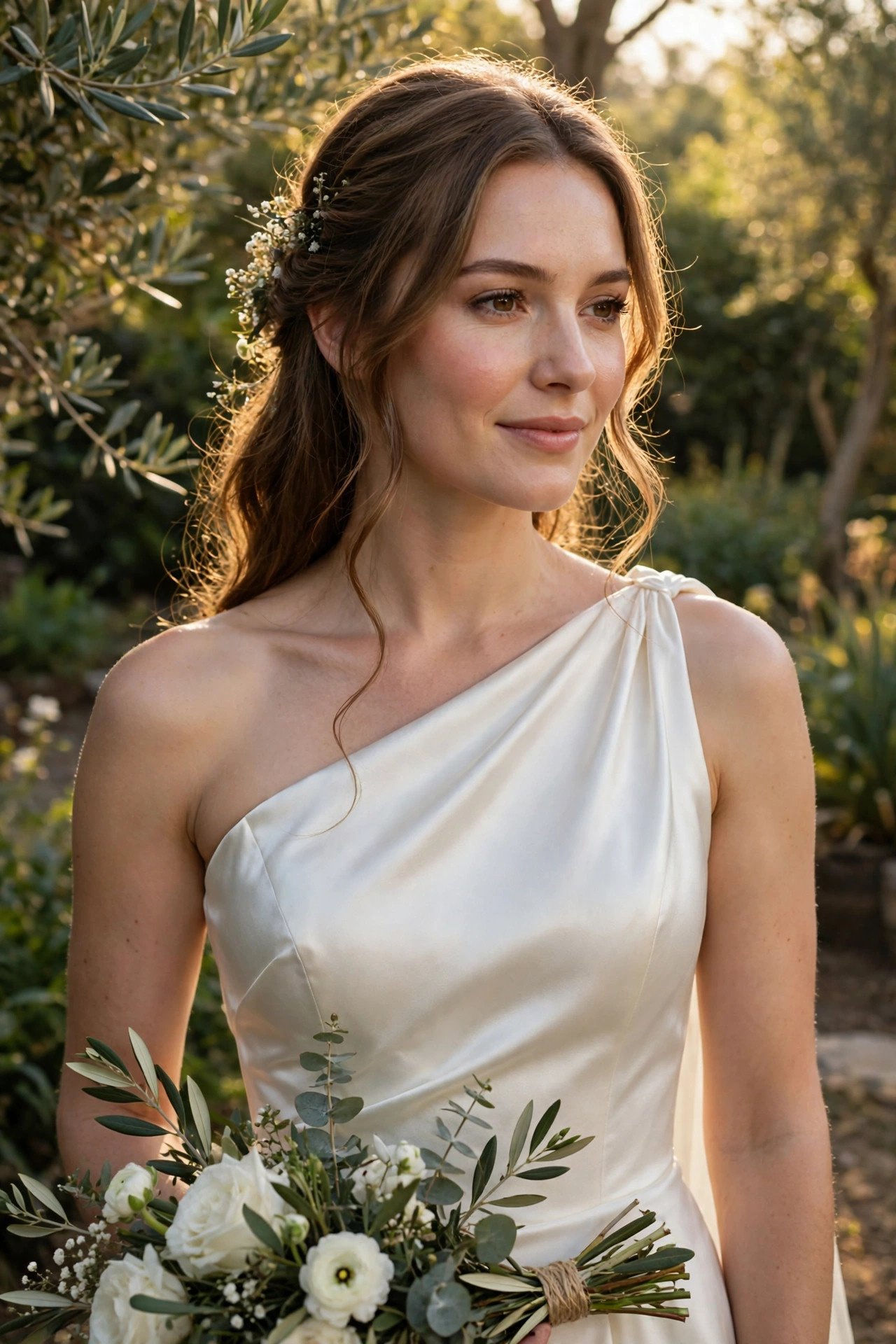 Bride in a one-shoulder satin wedding gown