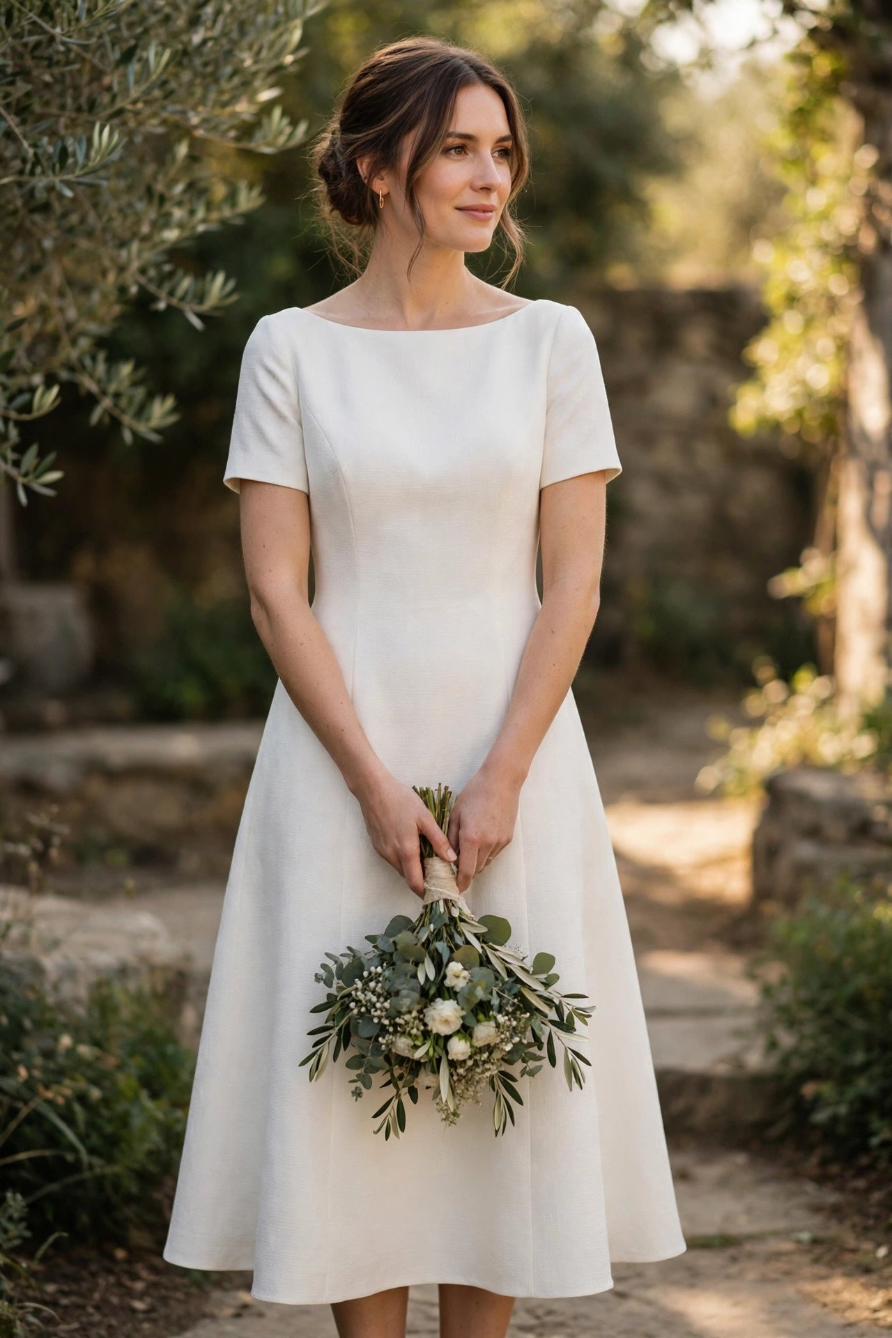 Bride in a minimalist tea-length wedding dress
