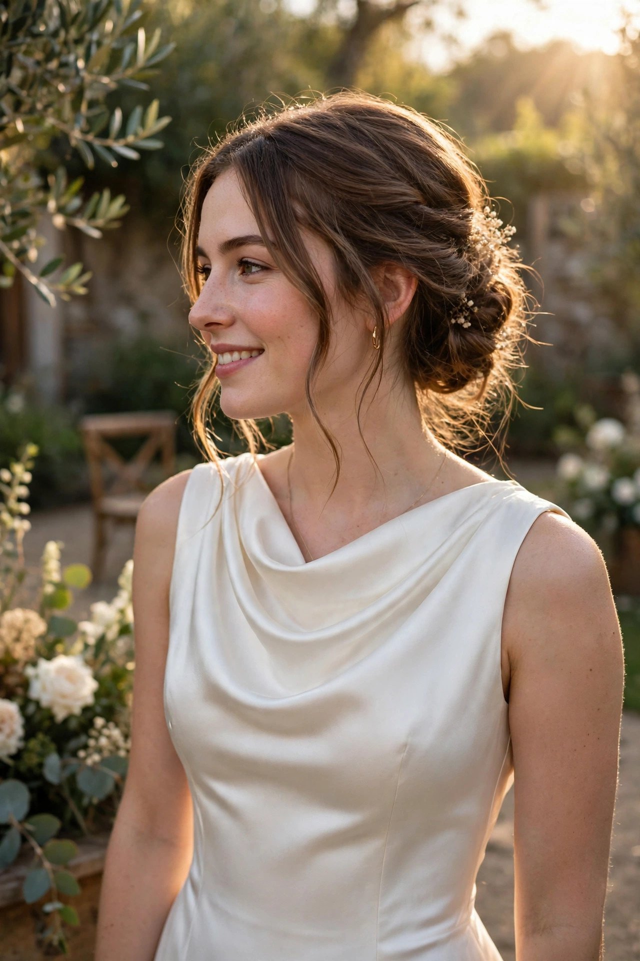 Bride in a cowl-neck silk wedding dress
