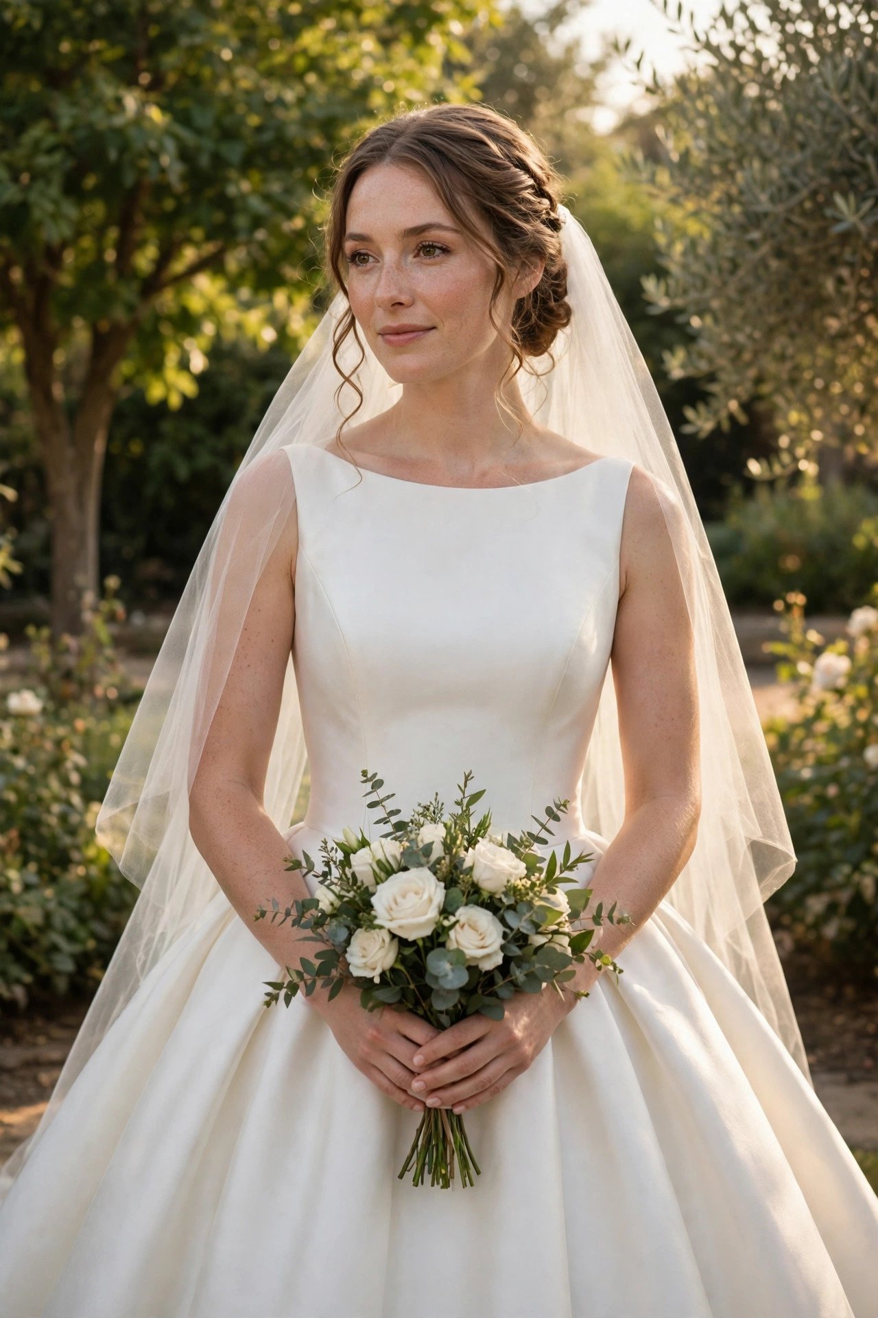 Bride in a clean mikado ball gown with a plain bodice