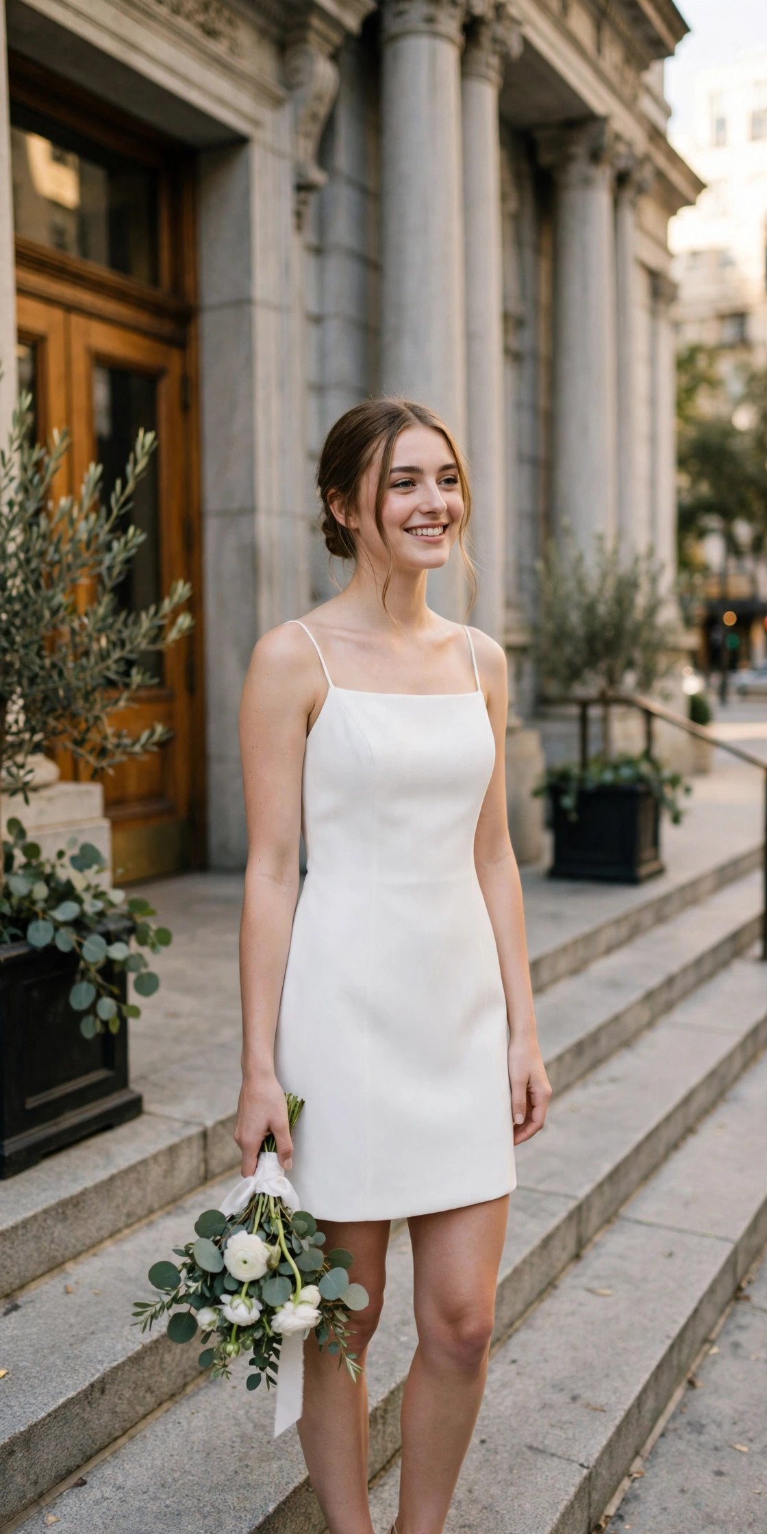 Bride in a short minimalist white dress outside city hall