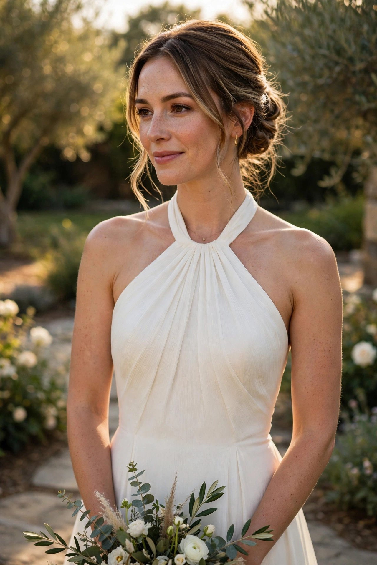 Bride in a halter-neck crepe wedding gown