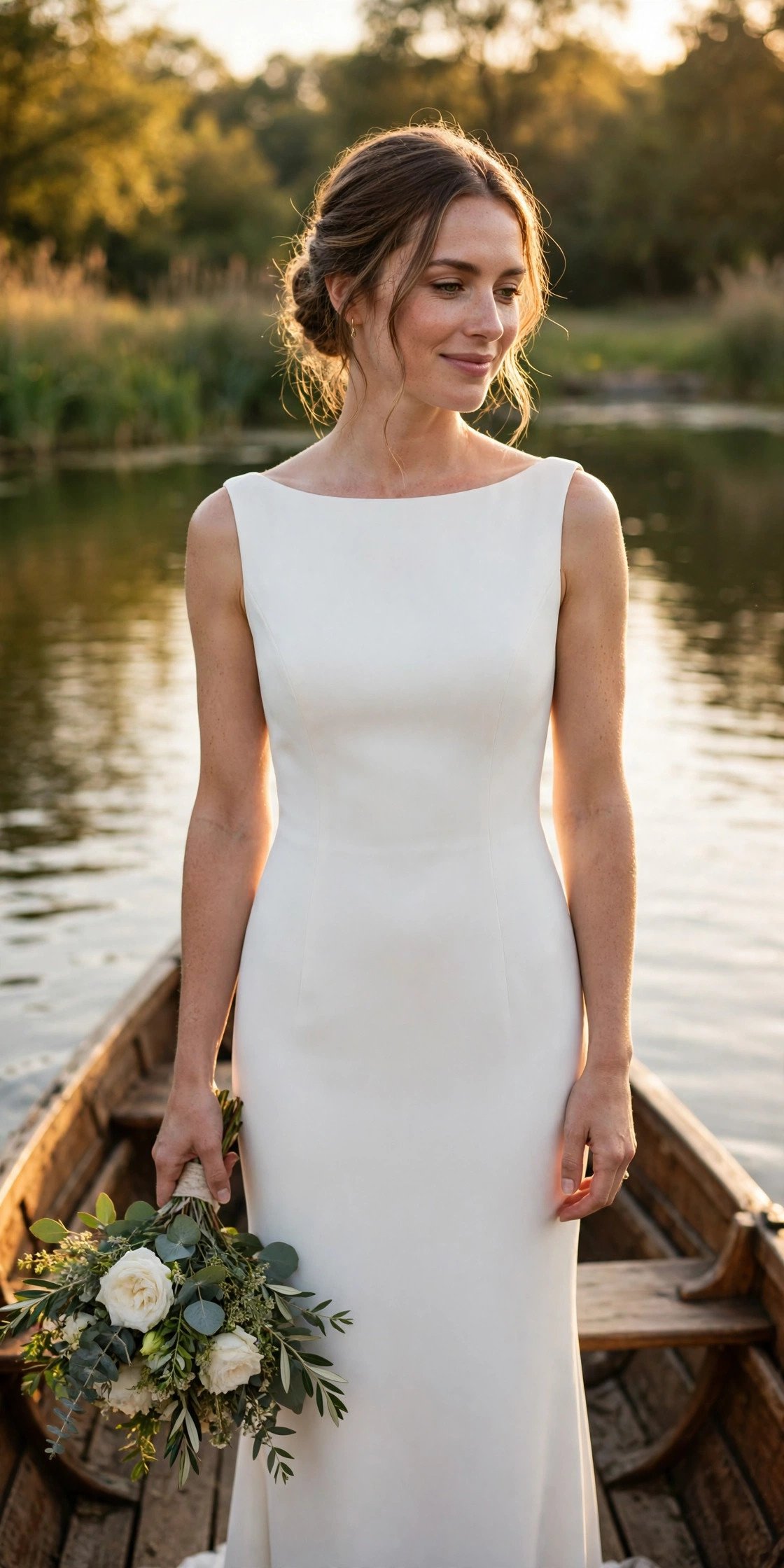 Bride in a boat-neck sheath wedding dress