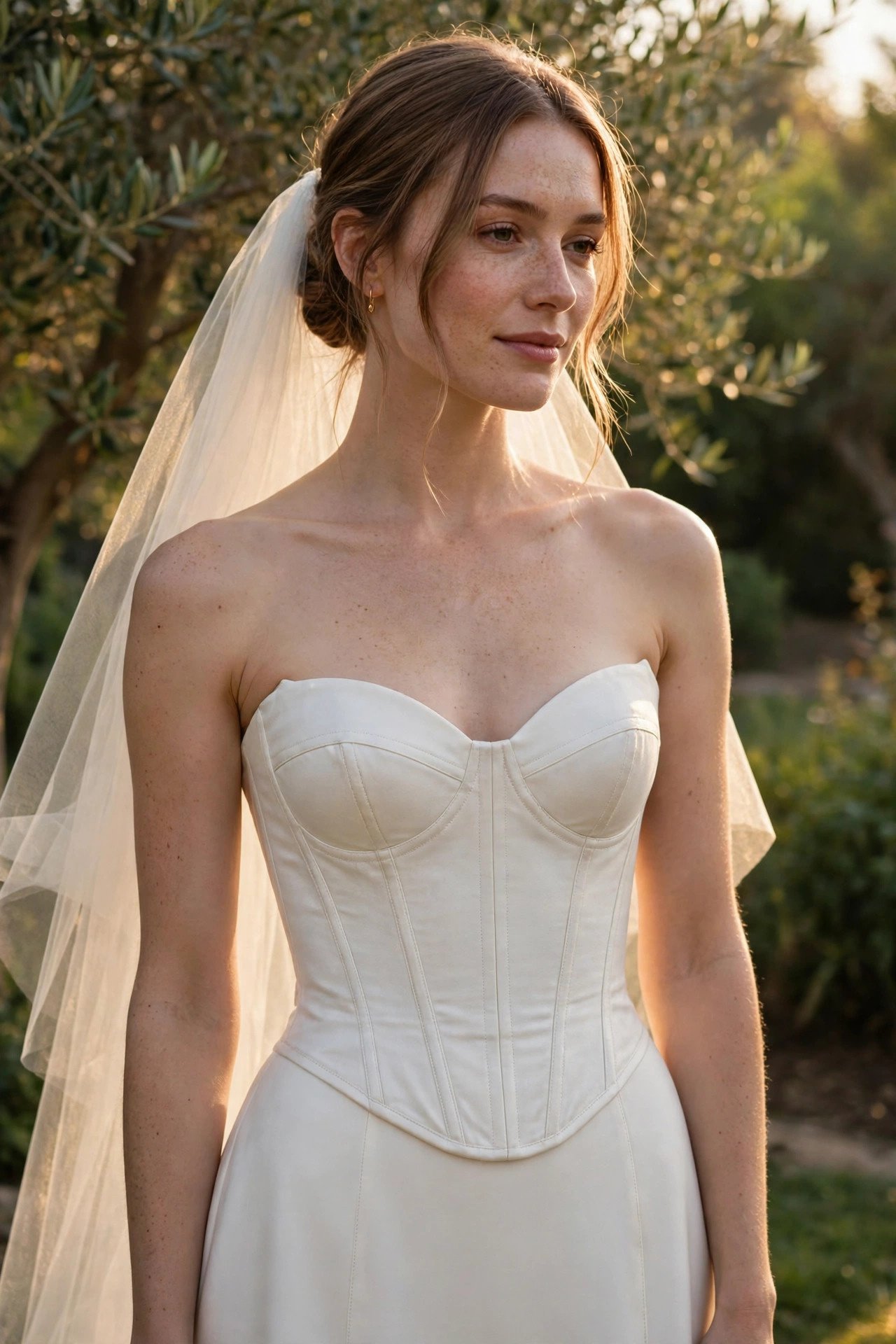 Bride in a structured corset minimalist gown with visible seaming