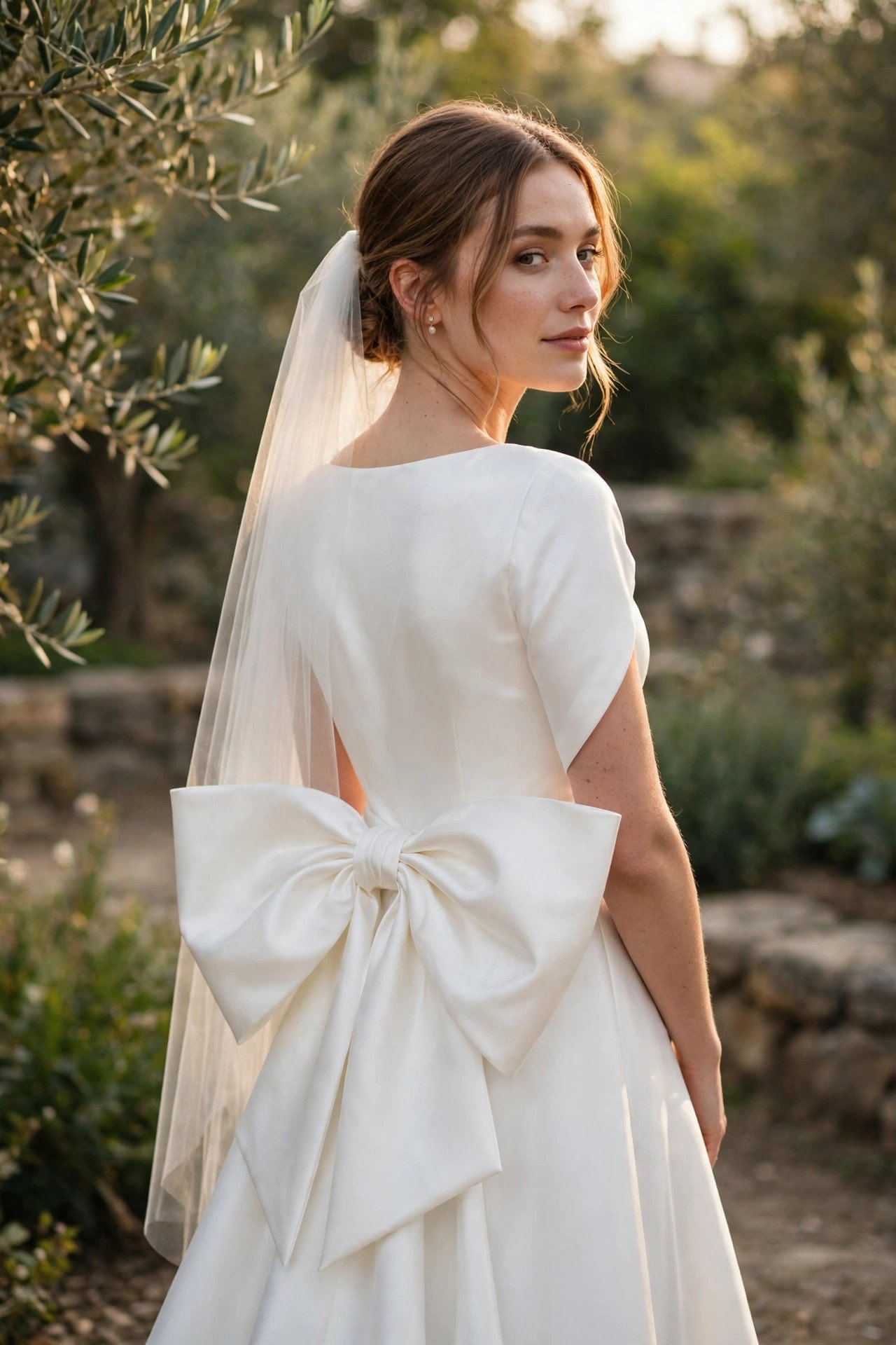 Bride in a plain gown with a large bow at the back