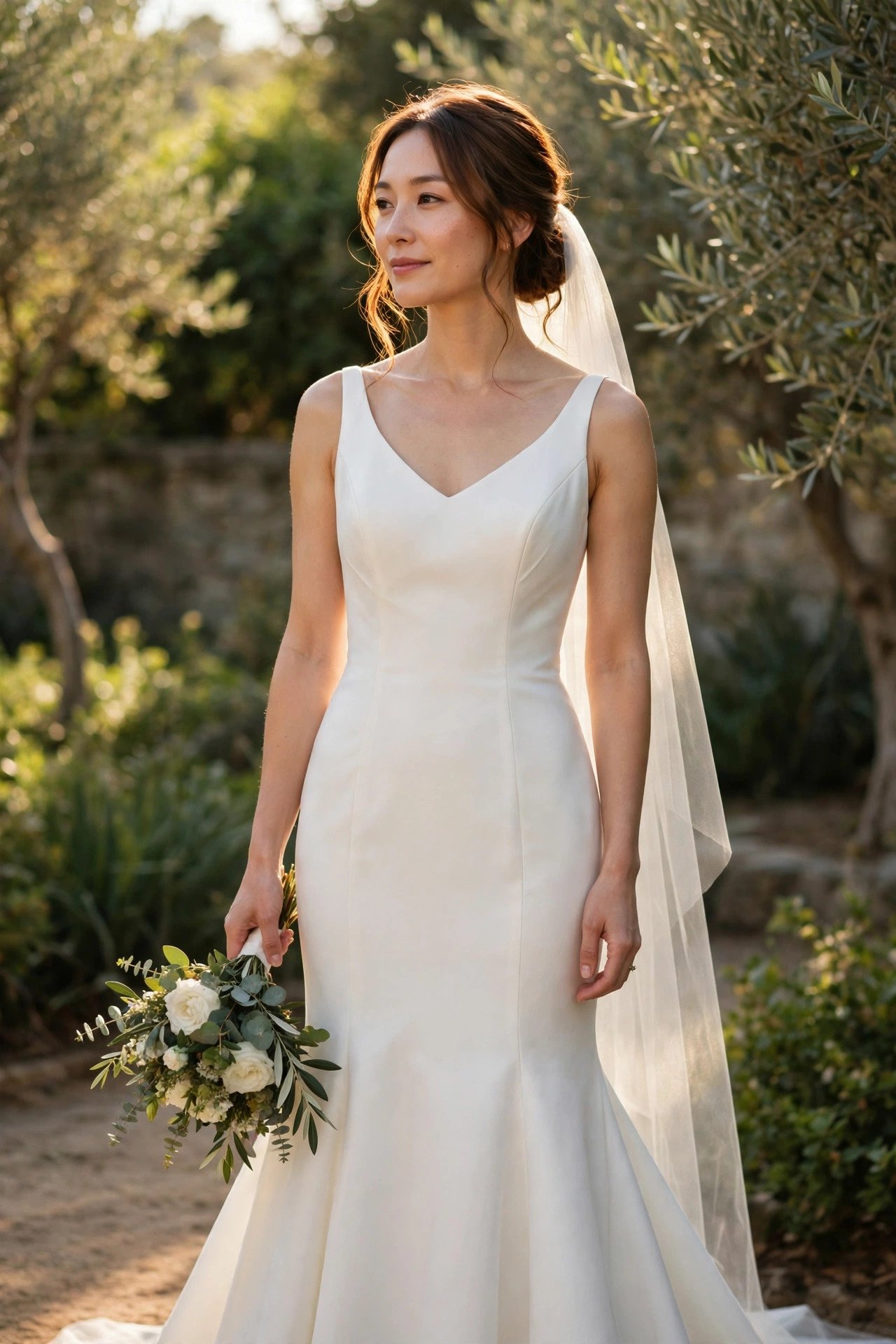 Bride in a sleeveless crepe trumpet wedding gown
