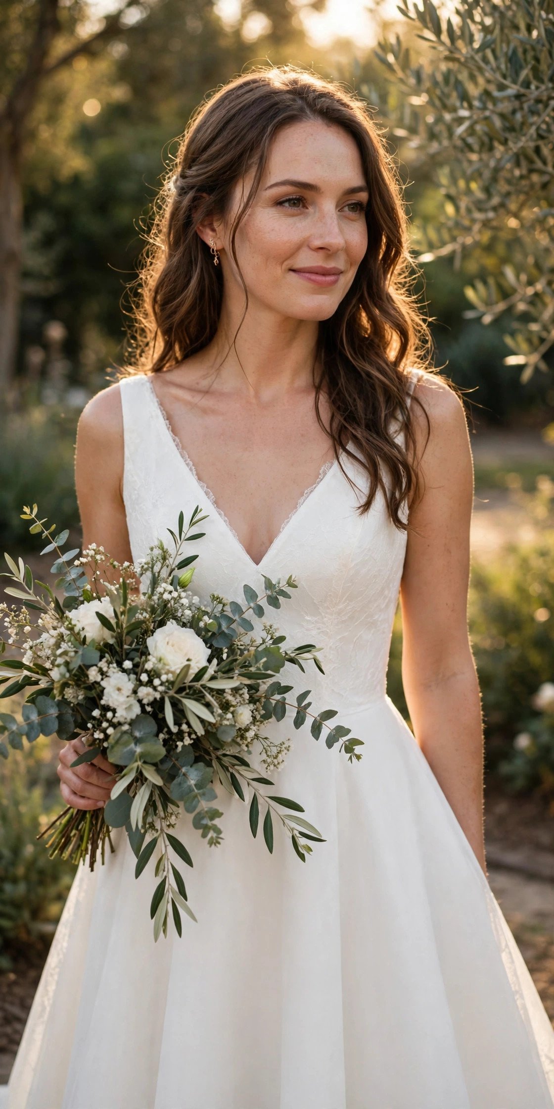Bride in a clean V-neck A-line wedding dress