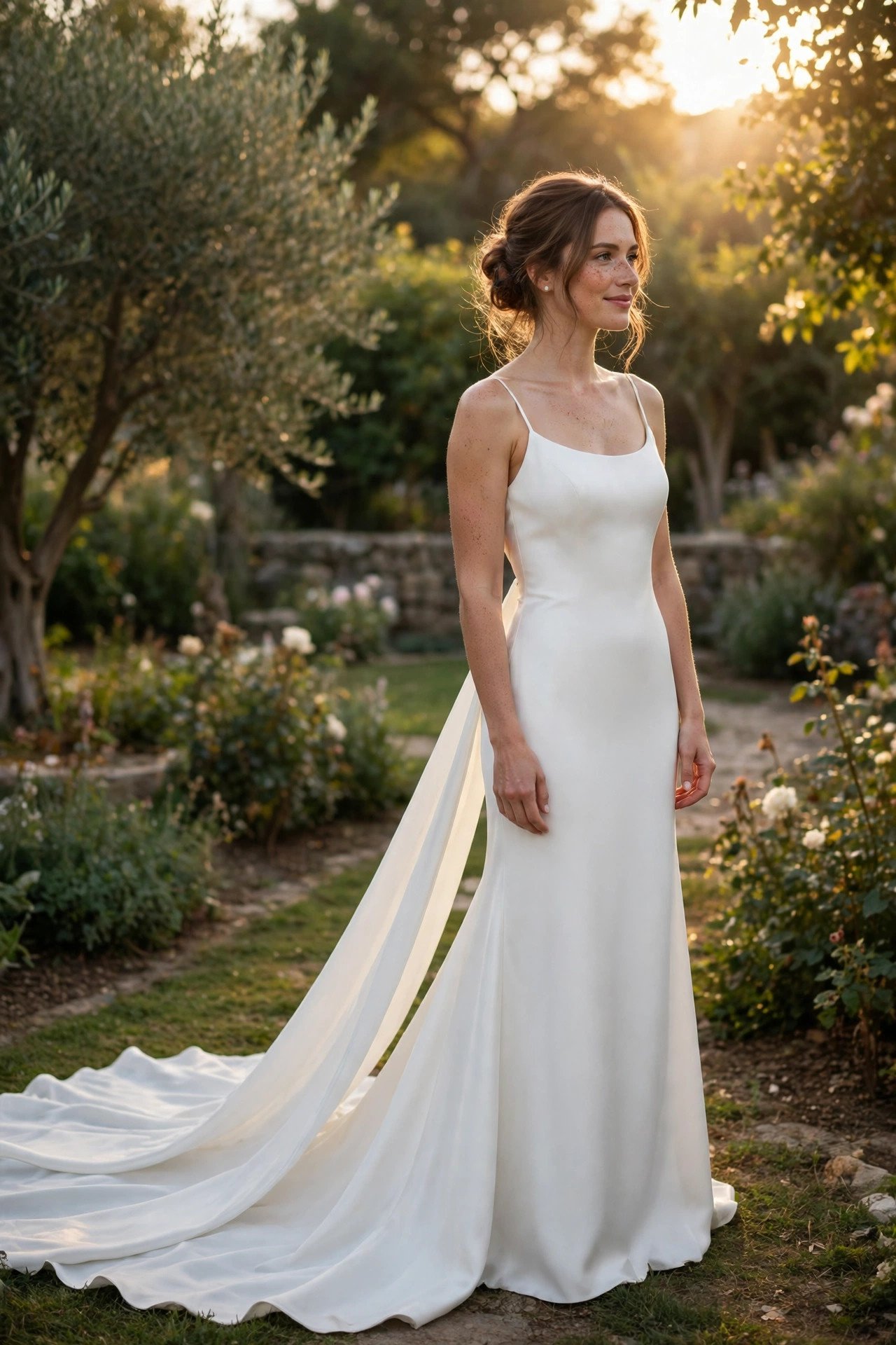 Bride in a plain gown with a long detachable train attached