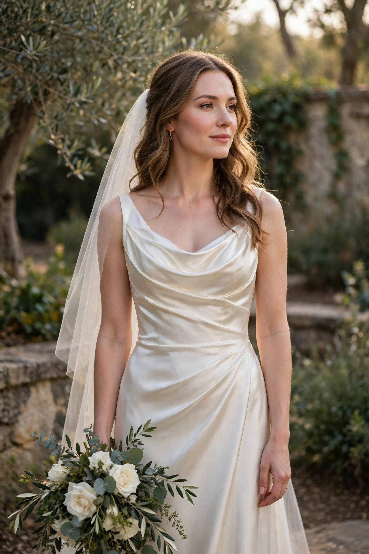 Bride in a satin column gown with a softly draped bodice
