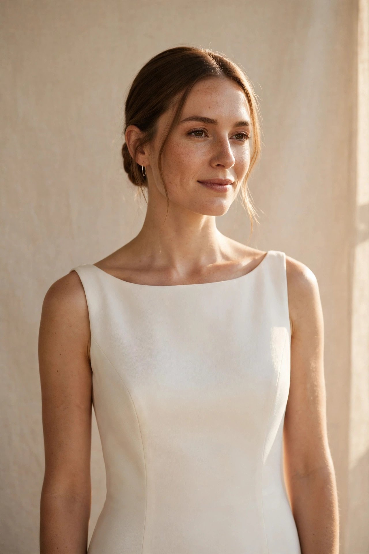 Bride in a clean minimalist crepe wedding dress against a plain backdrop