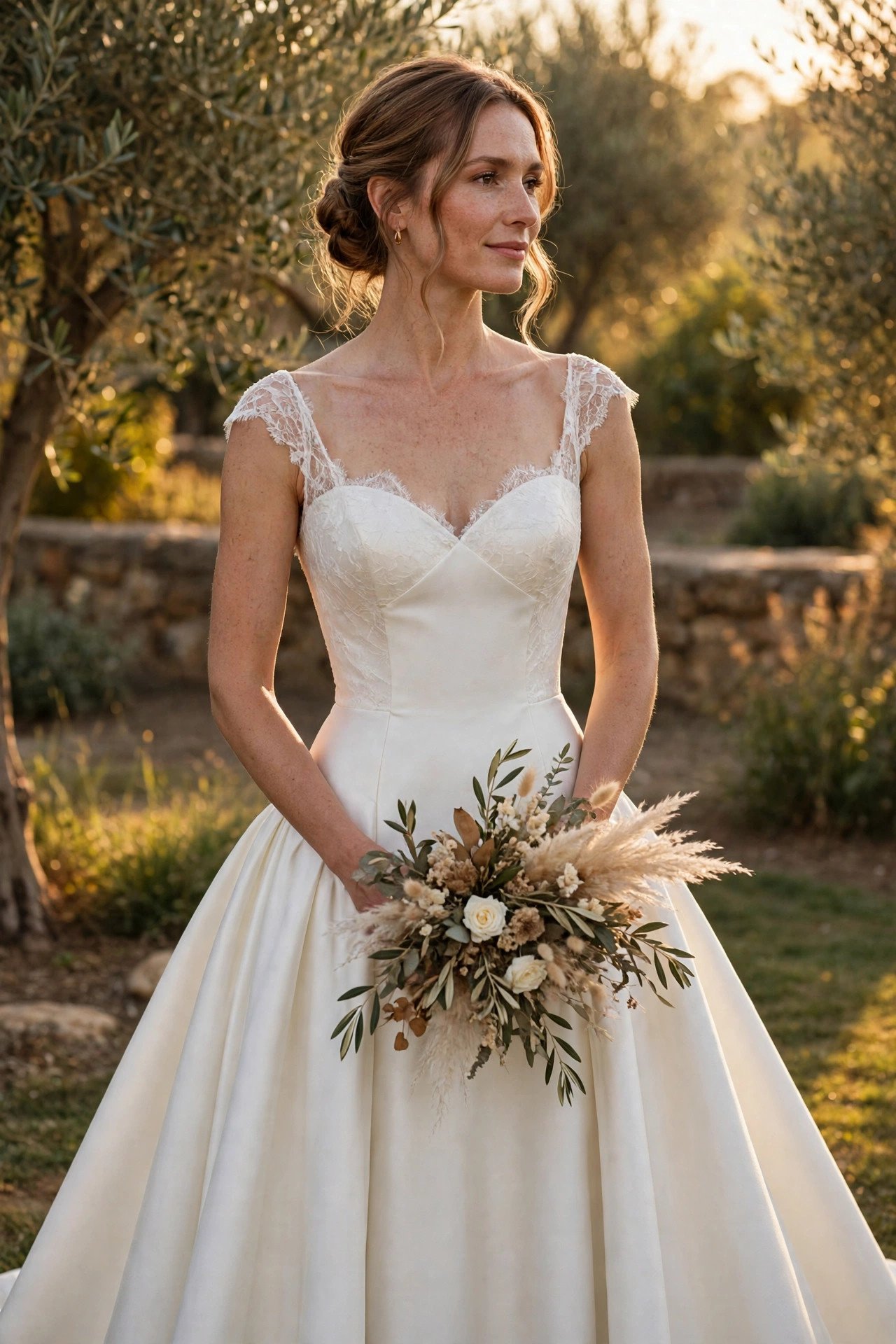 Bride in a drop-waist gown with a skirt starting at the hip