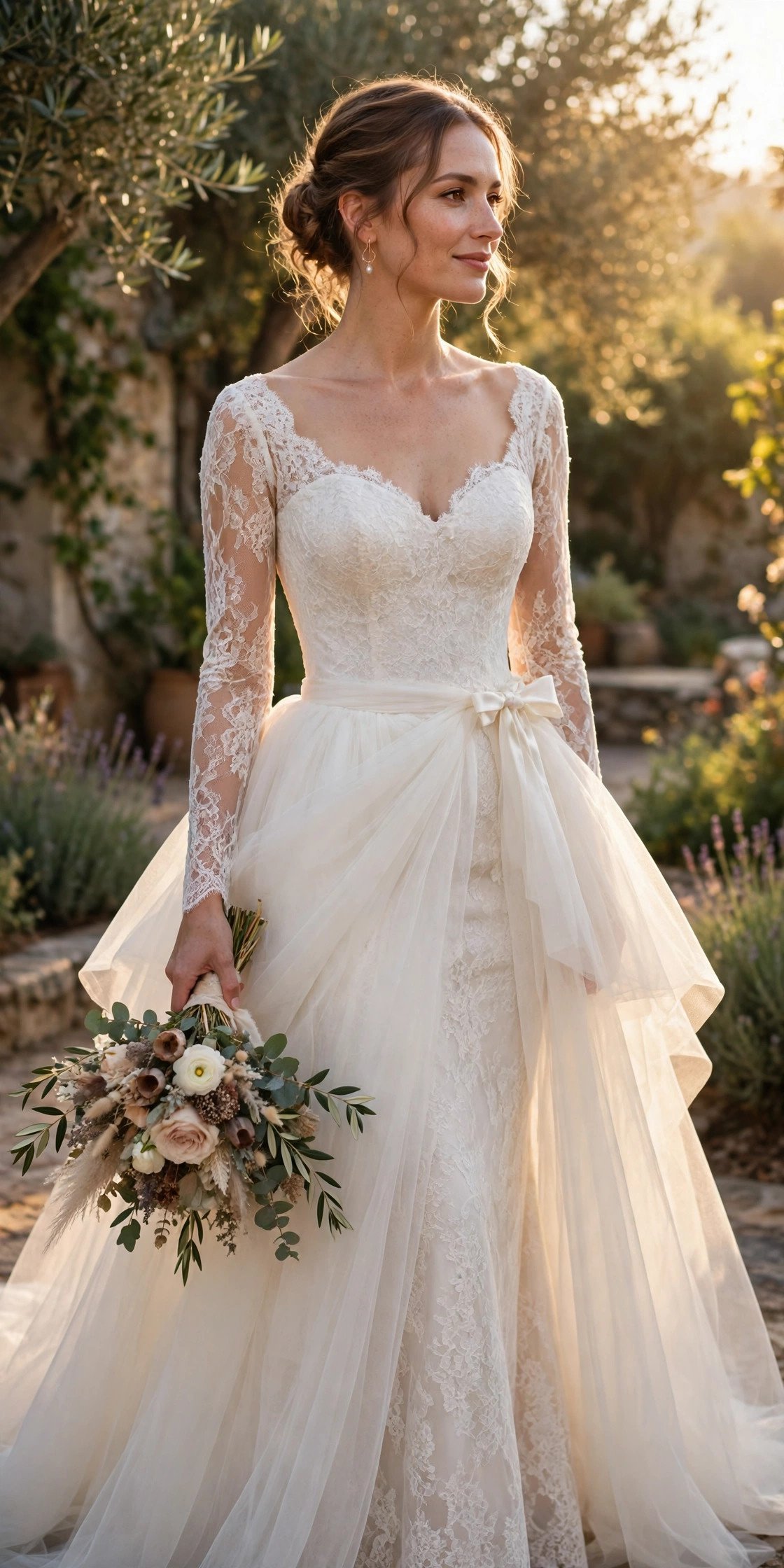 Bride wearing a detachable overskirt over a fitted gown