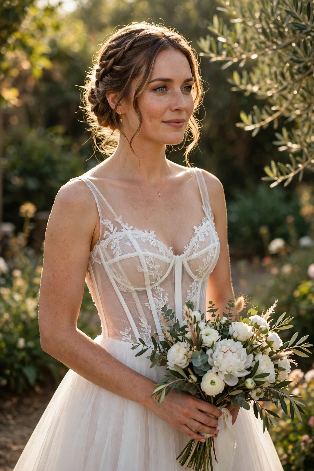 Bride in a gown with a sheer corset bodice and visible boning