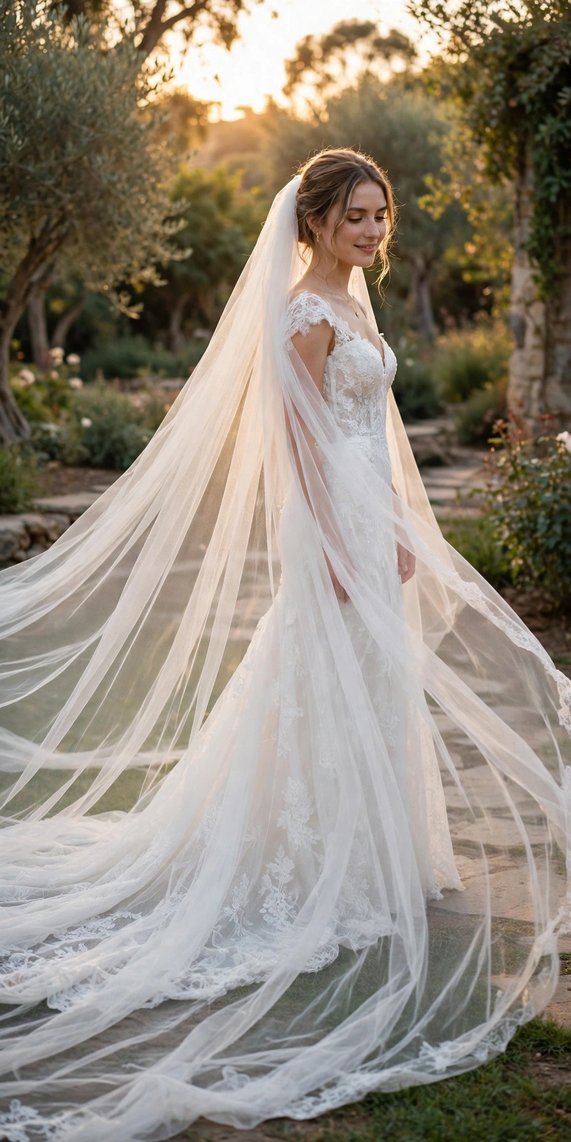 Bride with a dramatic cathedral-length veil trailing behind her