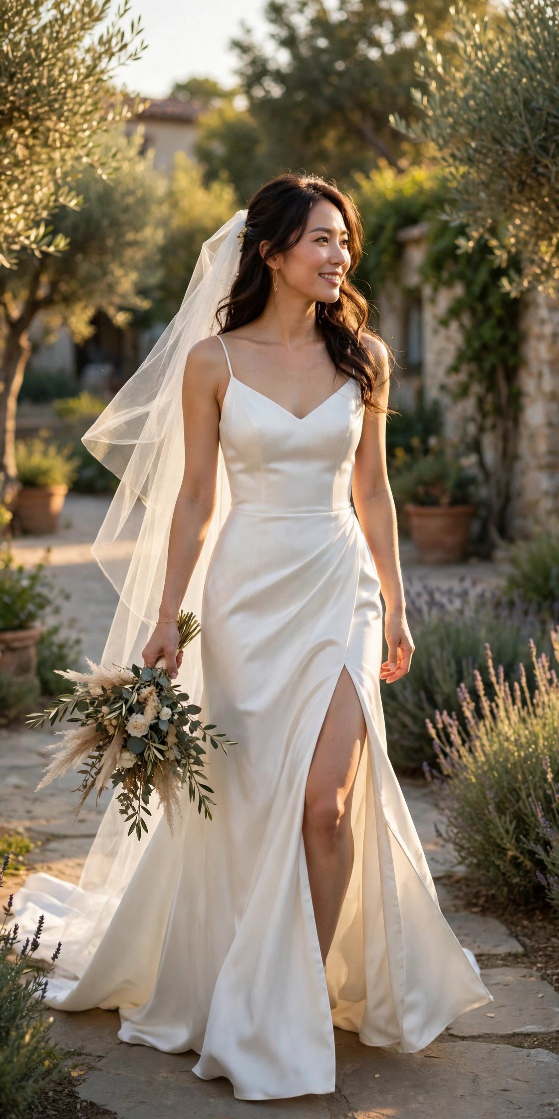 Bride in a gown with a high leg slit walking