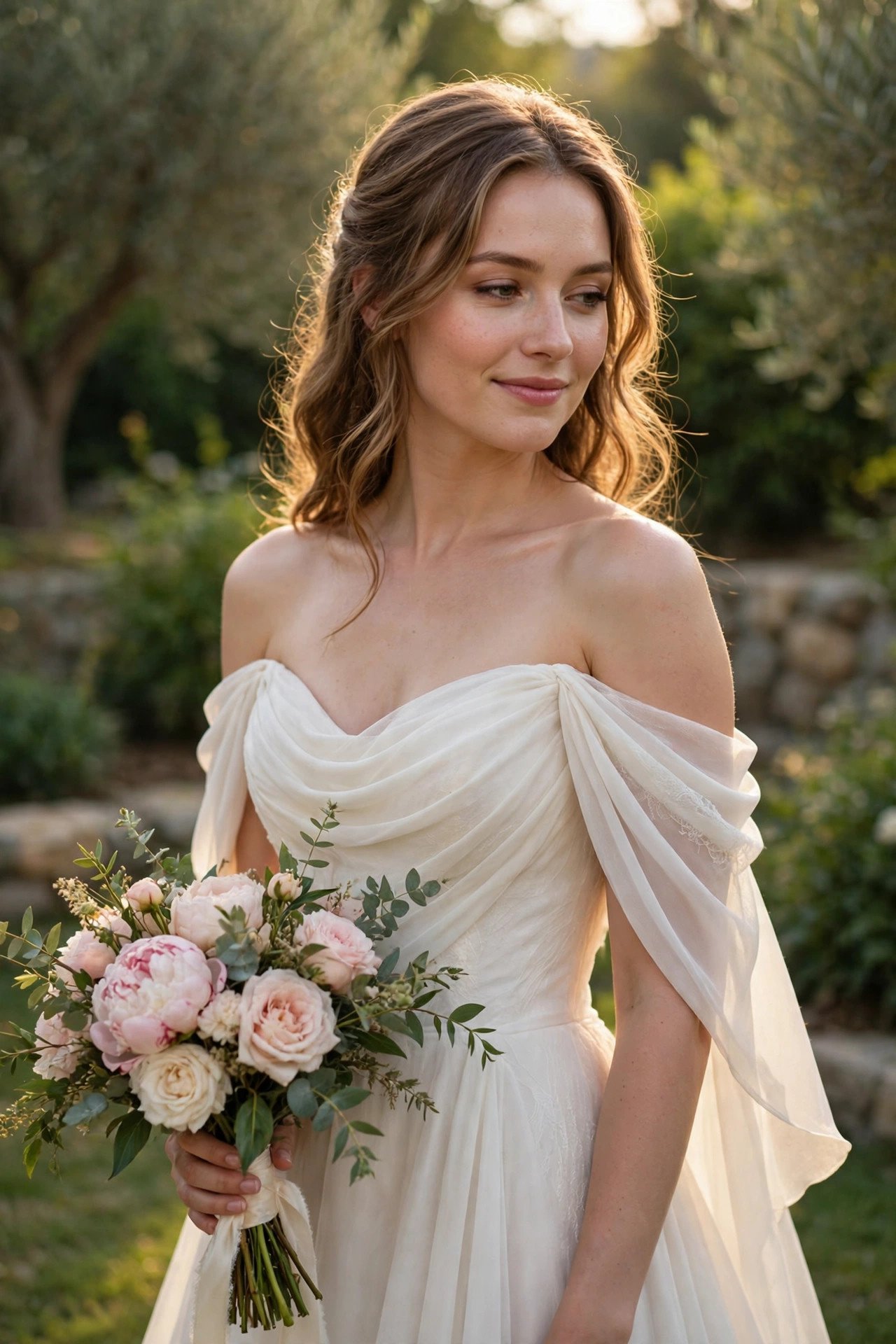 Bride in a romantic off-the-shoulder gown with draped sleeves