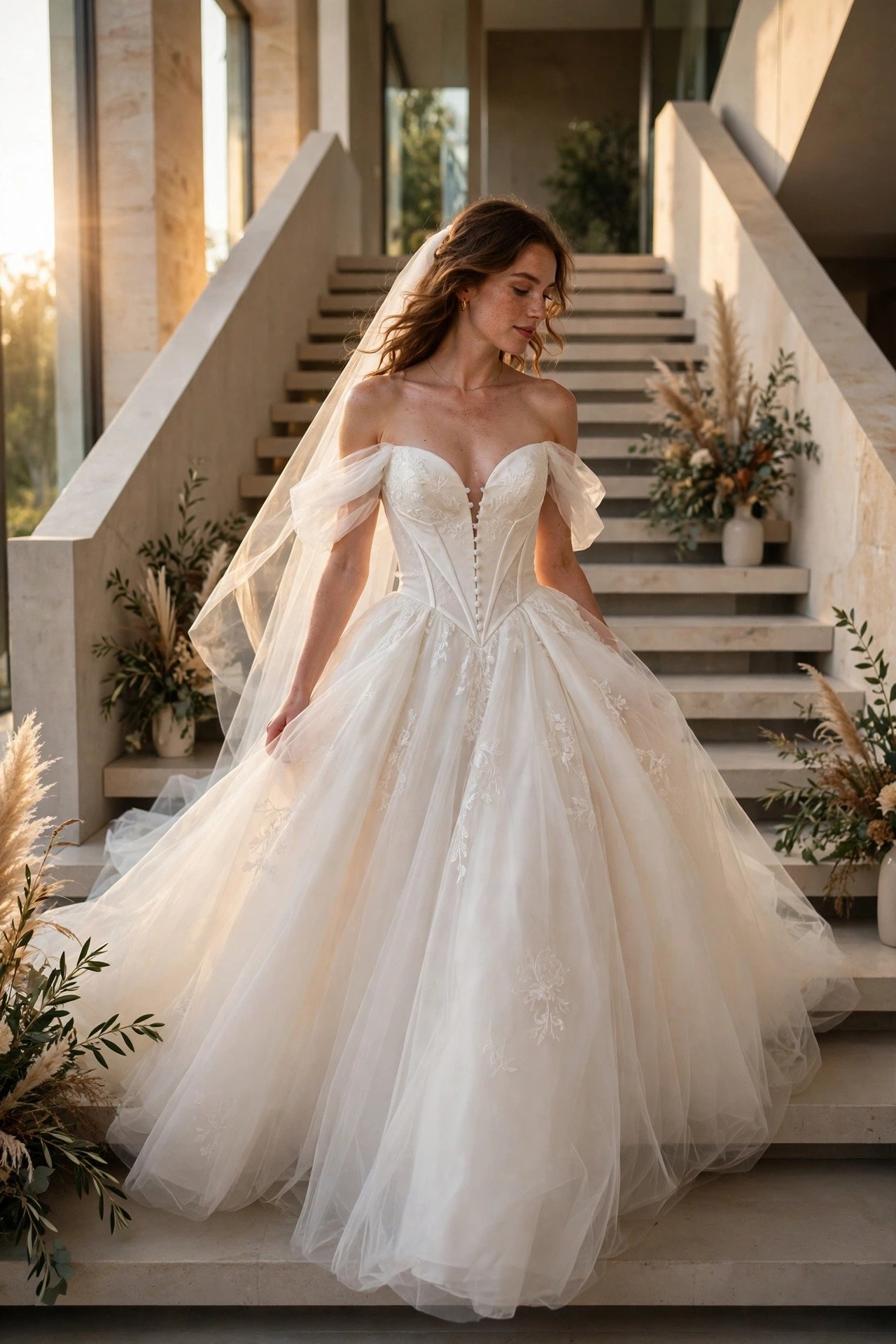 Bride in a 2027 trend gown with a basque waist and full skirt on a runway-style staircase