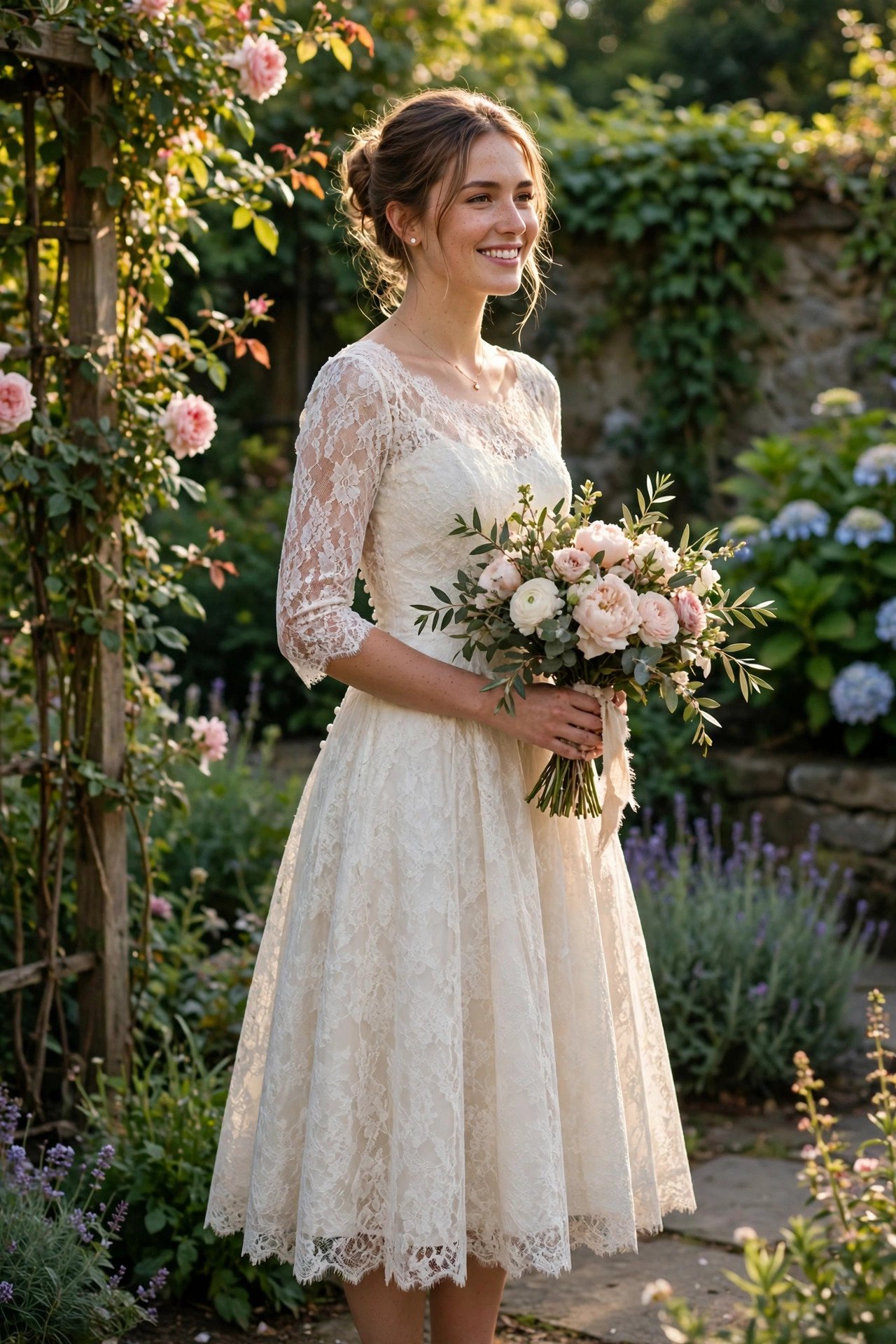Bride in a tea-length lace dress in a garden setting
