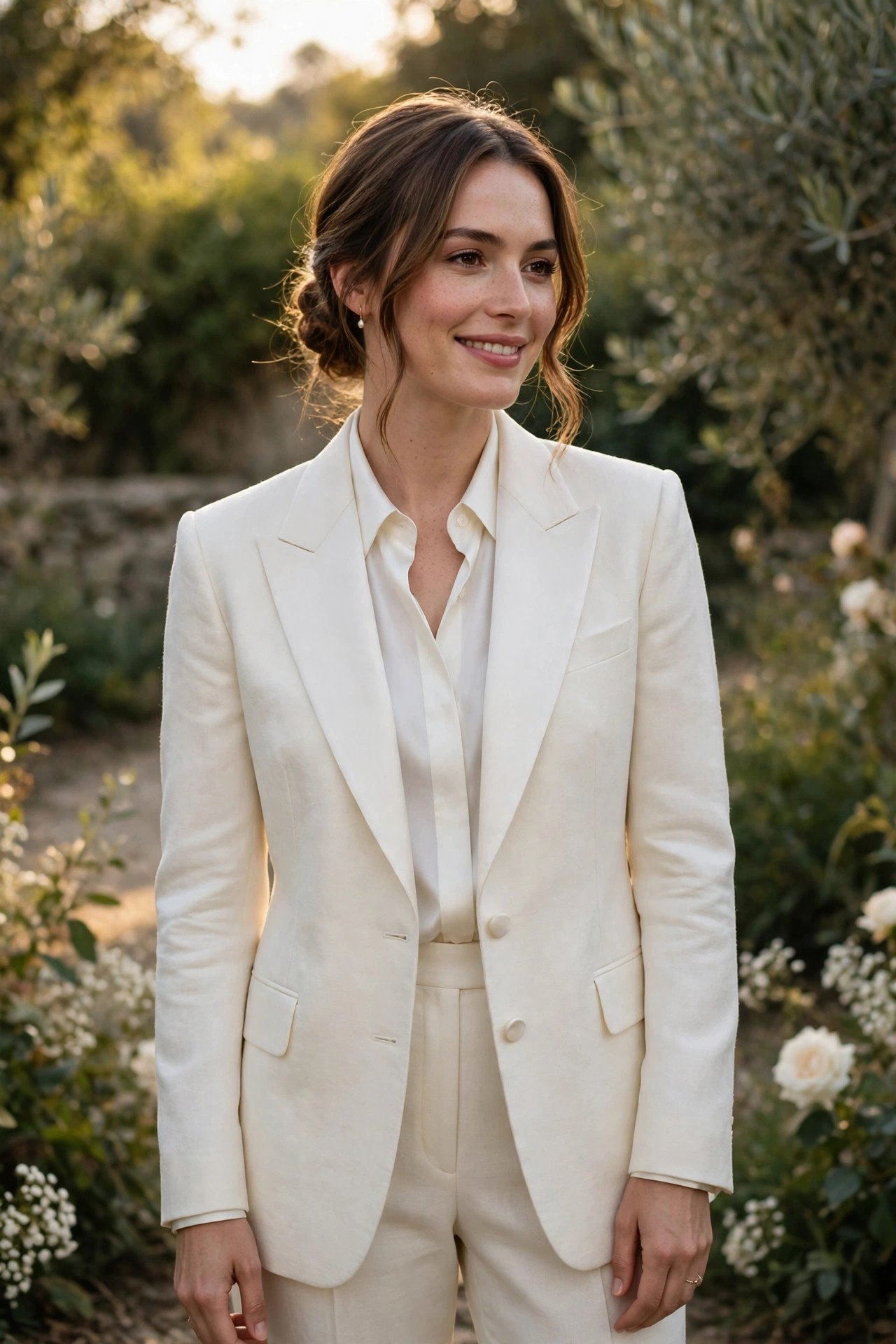Bride in a tailored ivory bridal suit with a blazer