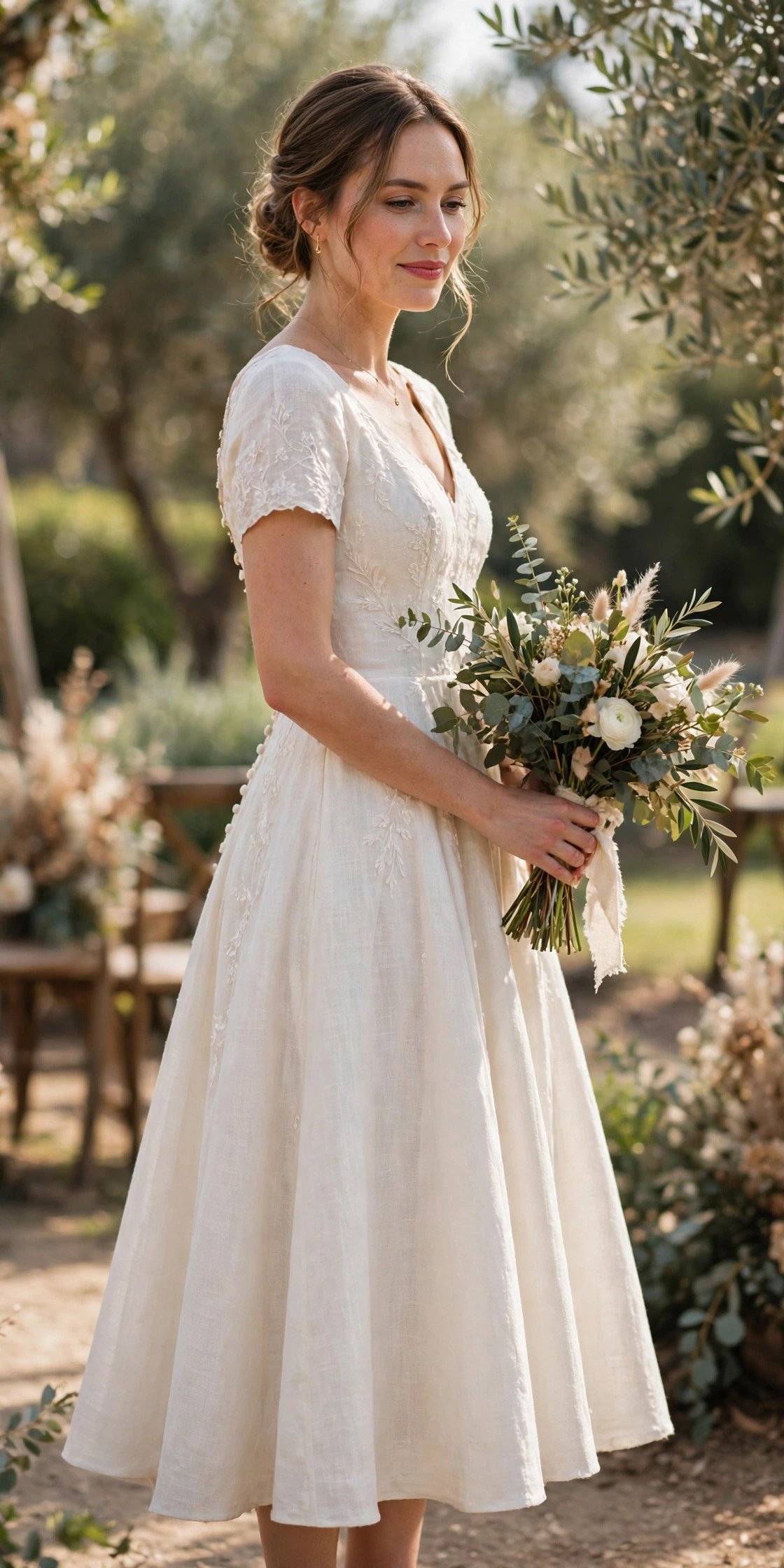Bride in a soft ivory midi A-line dress at a daytime wedding