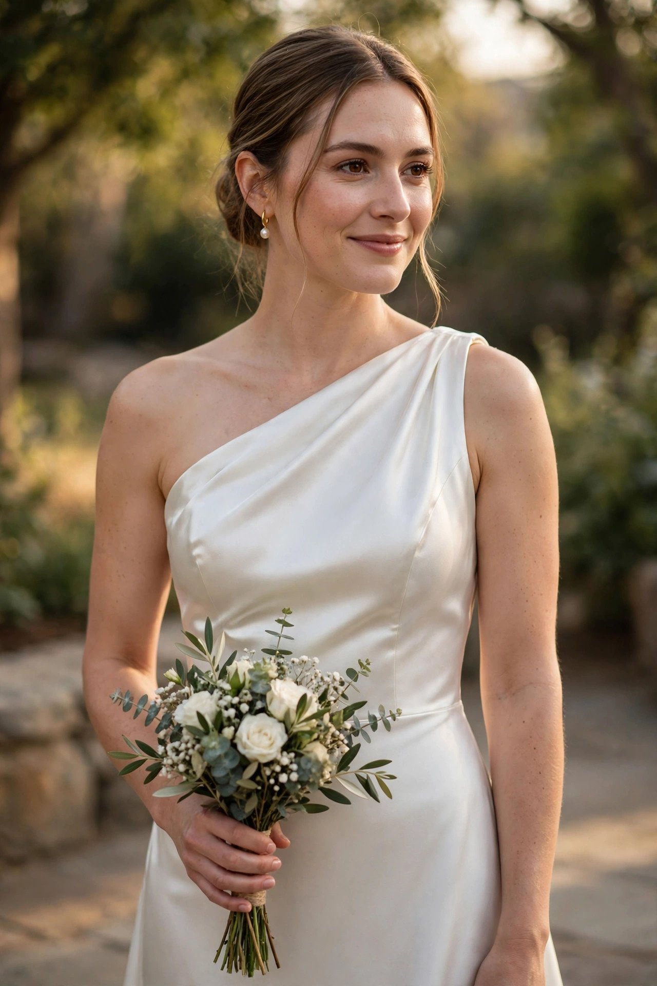 Bride in a one-shoulder satin gown holding a small bouquet