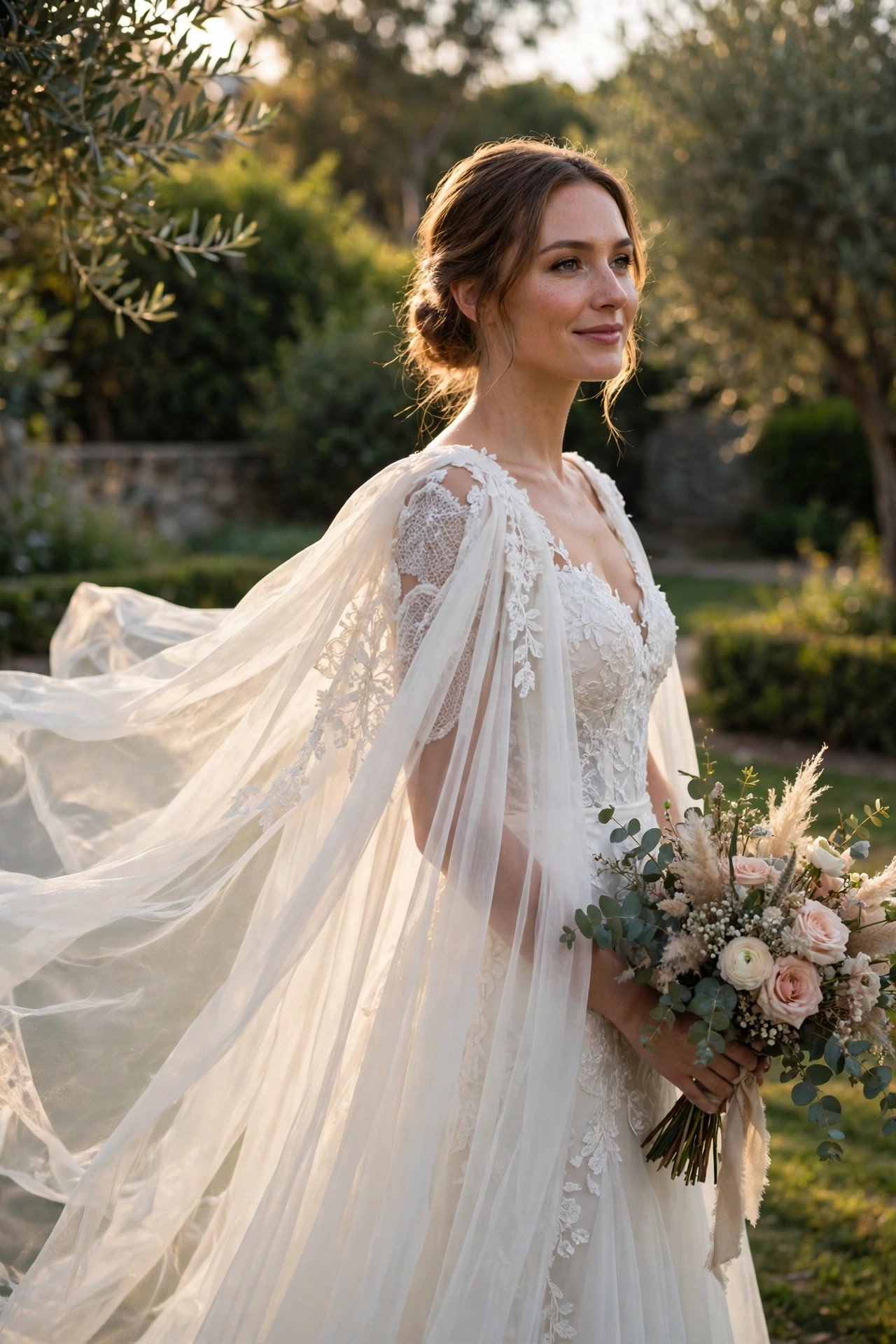 Bride in a dress with a flowing statement cape