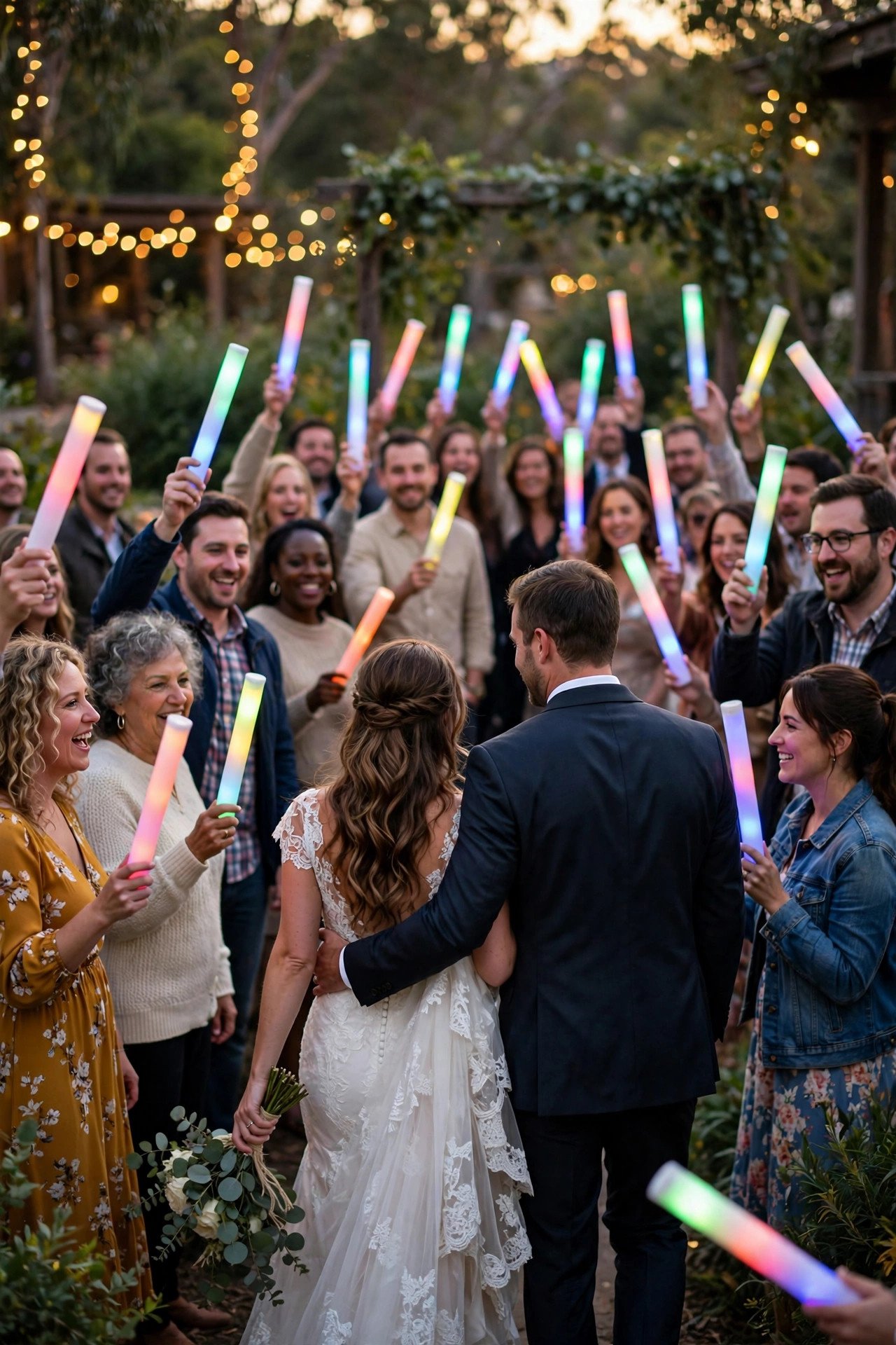 Guests waving colorful glow sticks around the departing couple