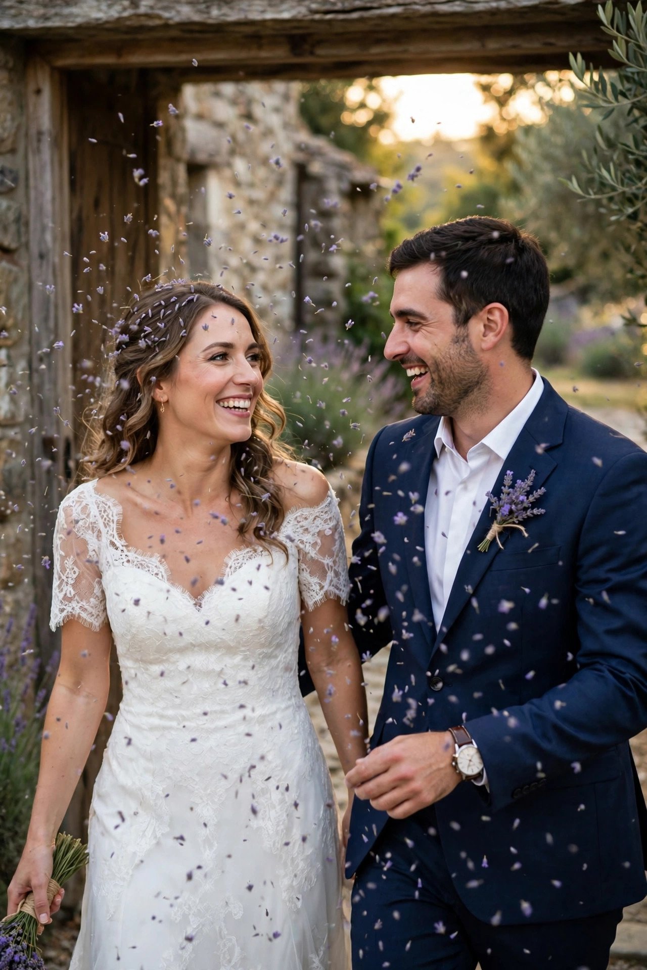 Couple showered with fragrant lavender buds at their exit