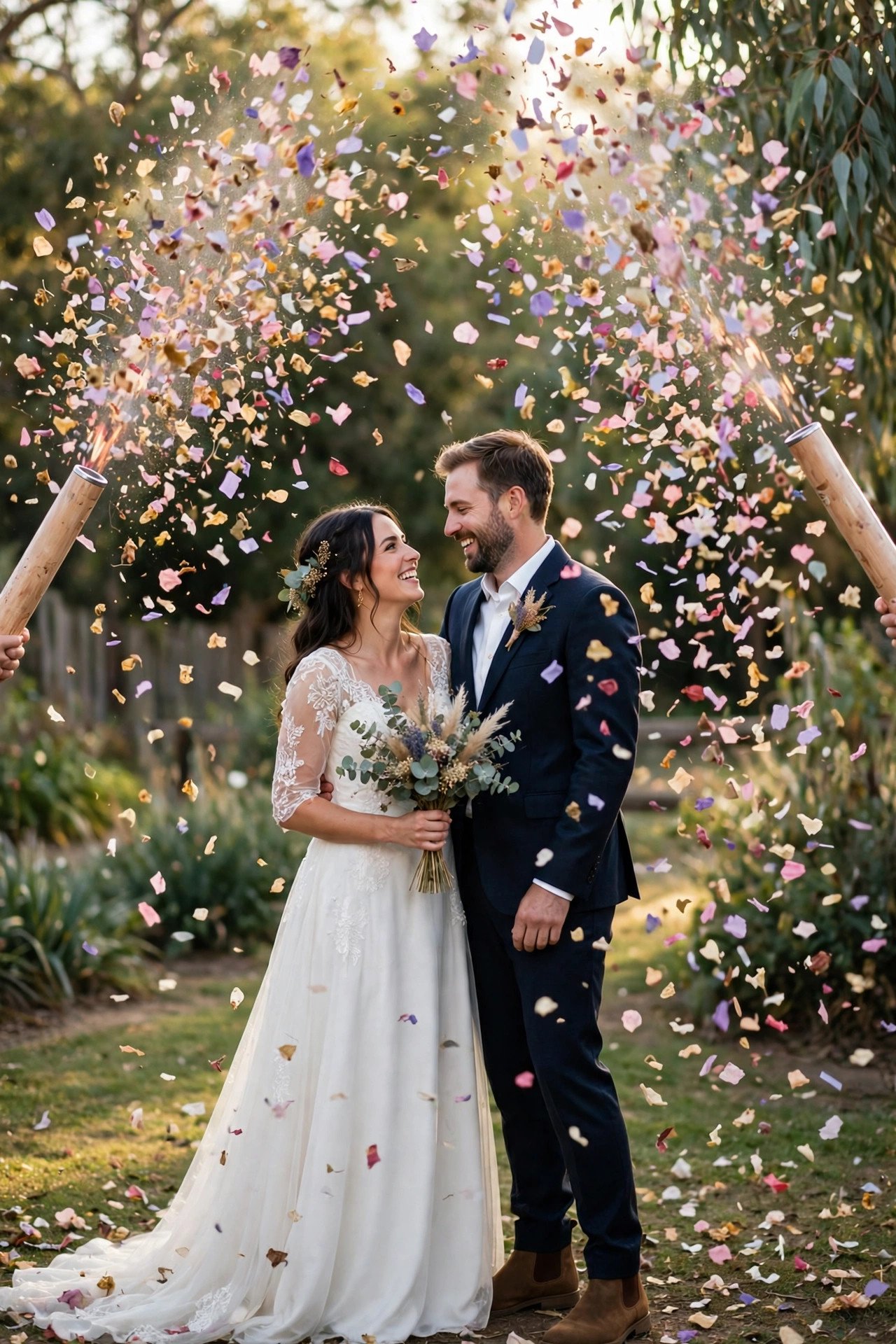 Biodegradable confetti bursting from cannons over the couple