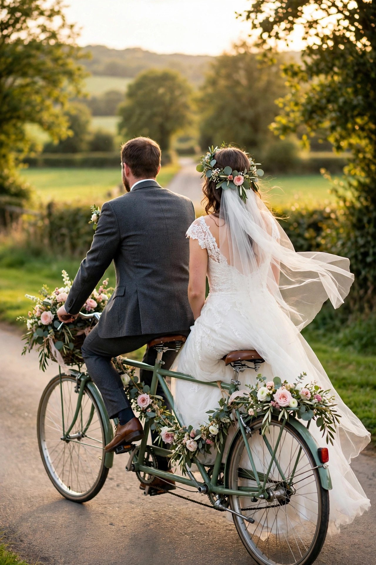 Couple riding away on a tandem bicycle decorated with flowers