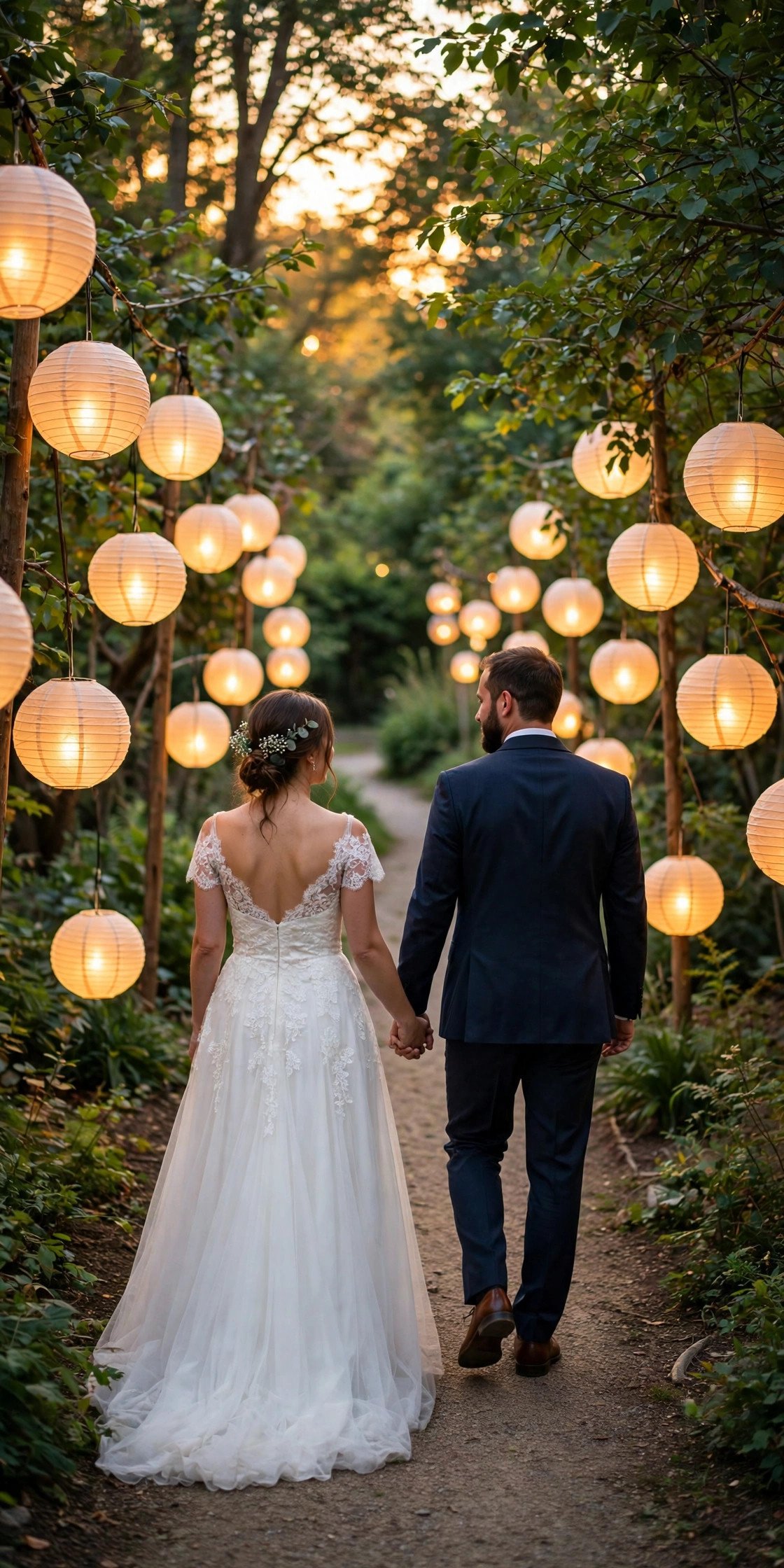 Couple walking down a path lined with glowing paper lanterns