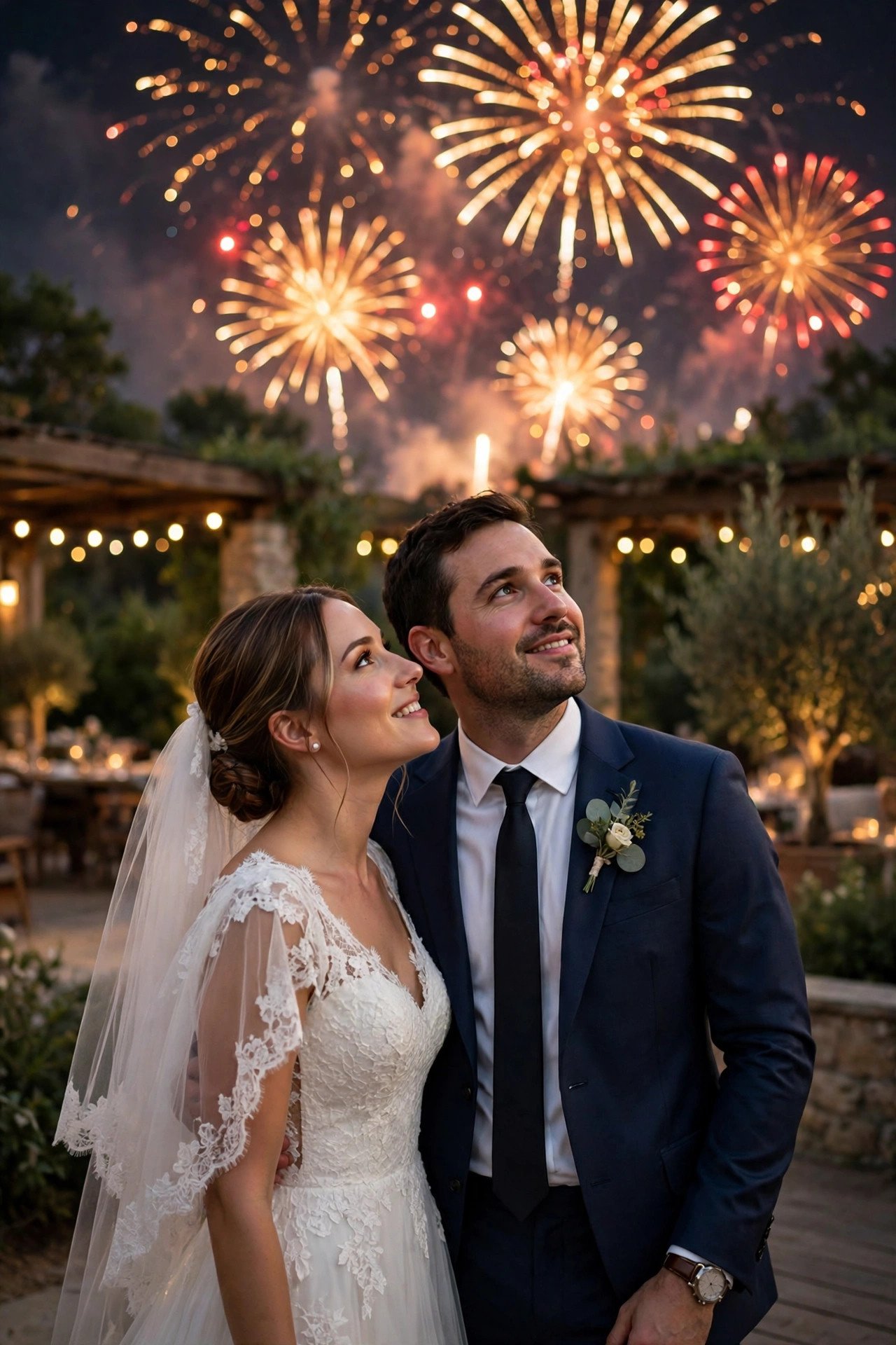 Couple watching a fireworks display at the end of their wedding