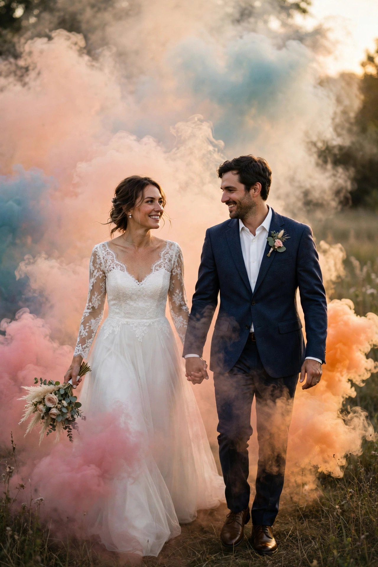 Couple walking through soft clouds of colored smoke