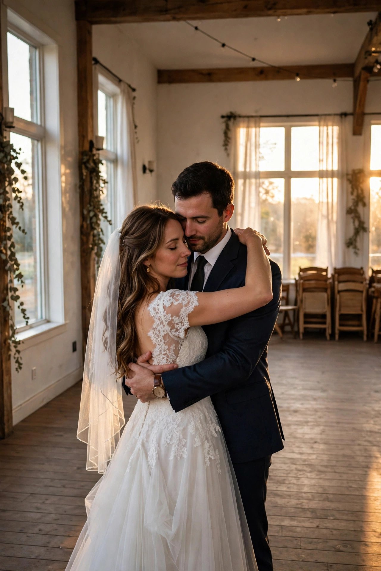 Couple sharing a private last dance in an empty reception room