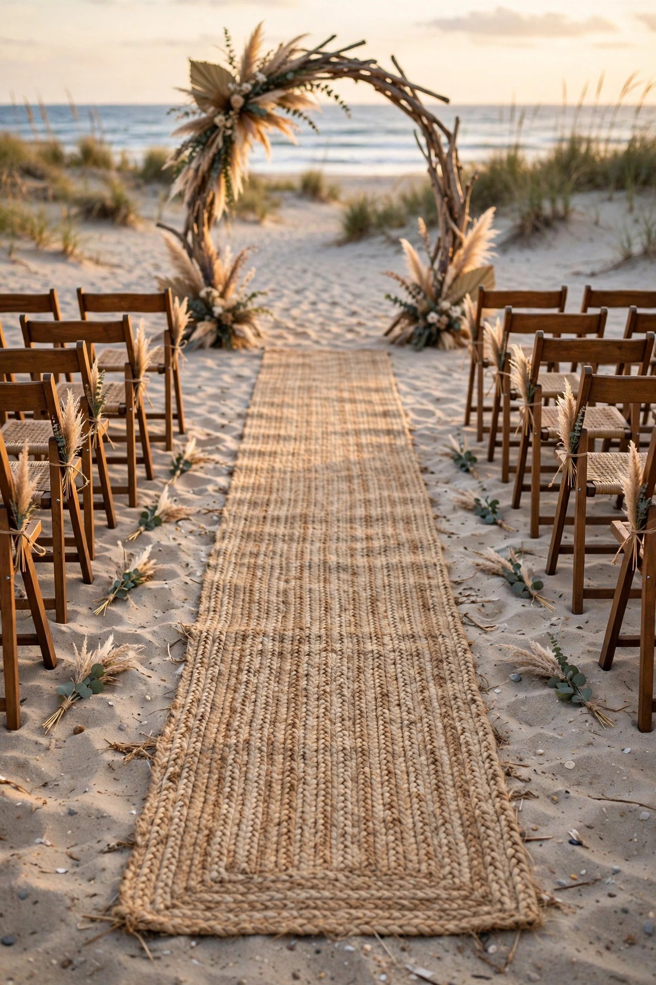 Woven jute runner on sand at a beach ceremony