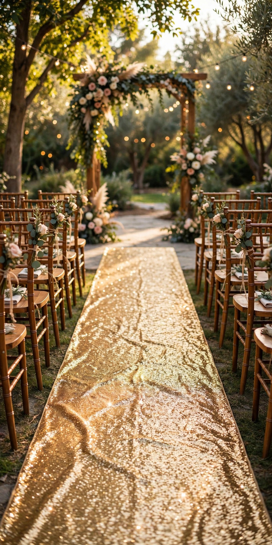 Gold sequin aisle runner sparkling under ceremony lights