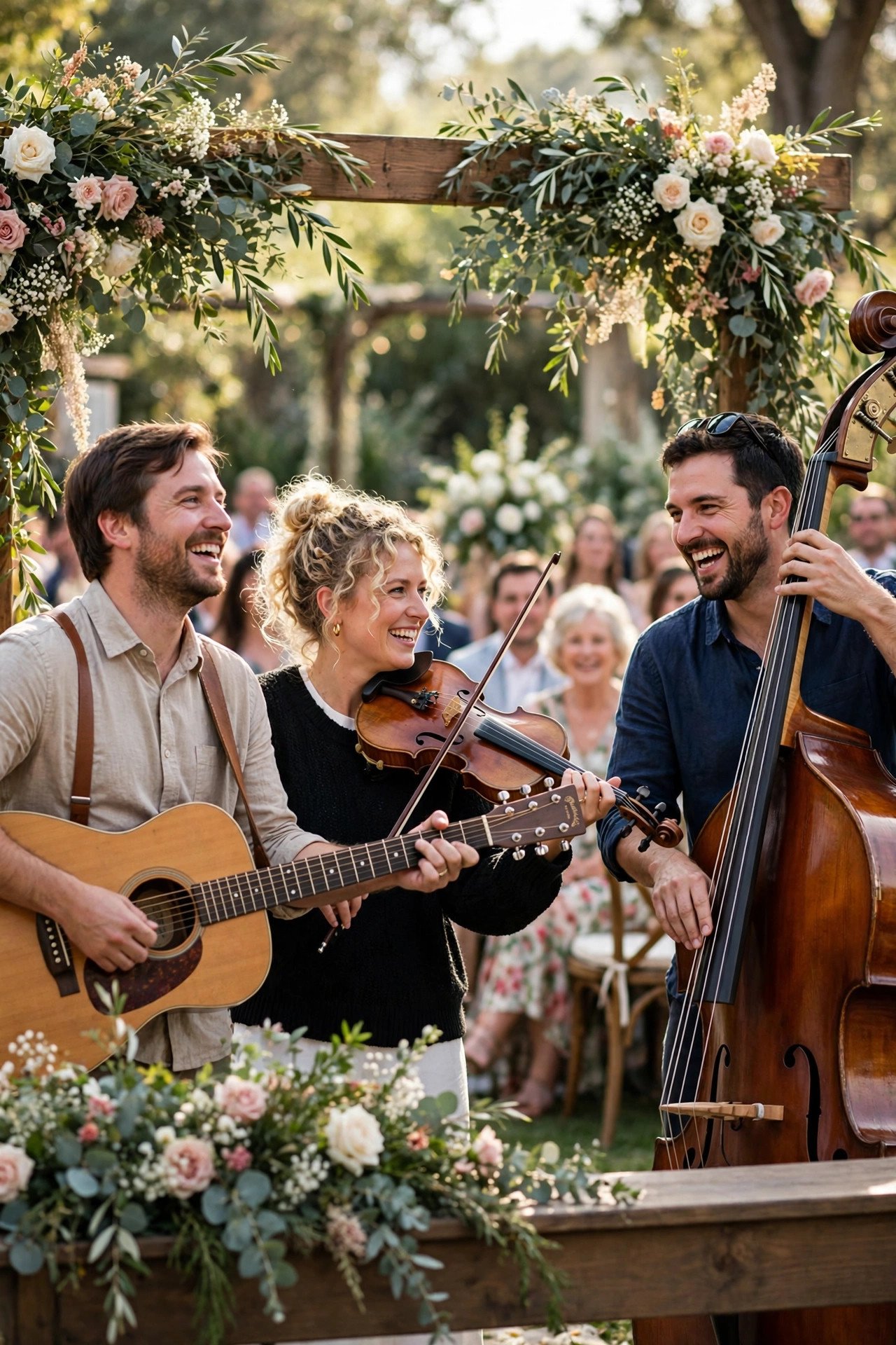 Wedding ceremony musicians performing Here Comes the Sun