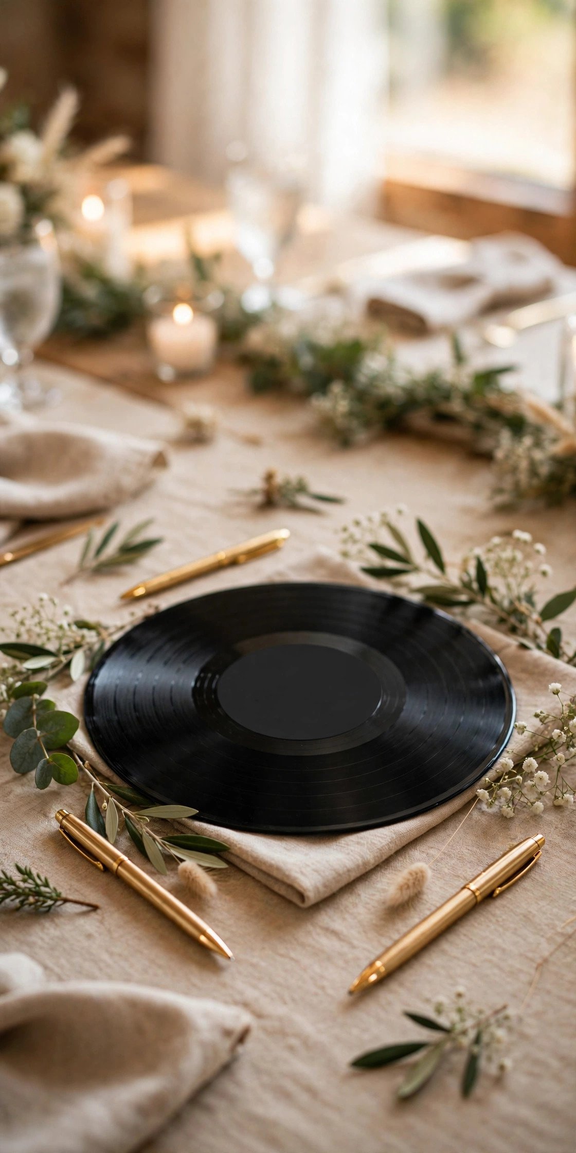 Guests signing a vinyl record with gold pens