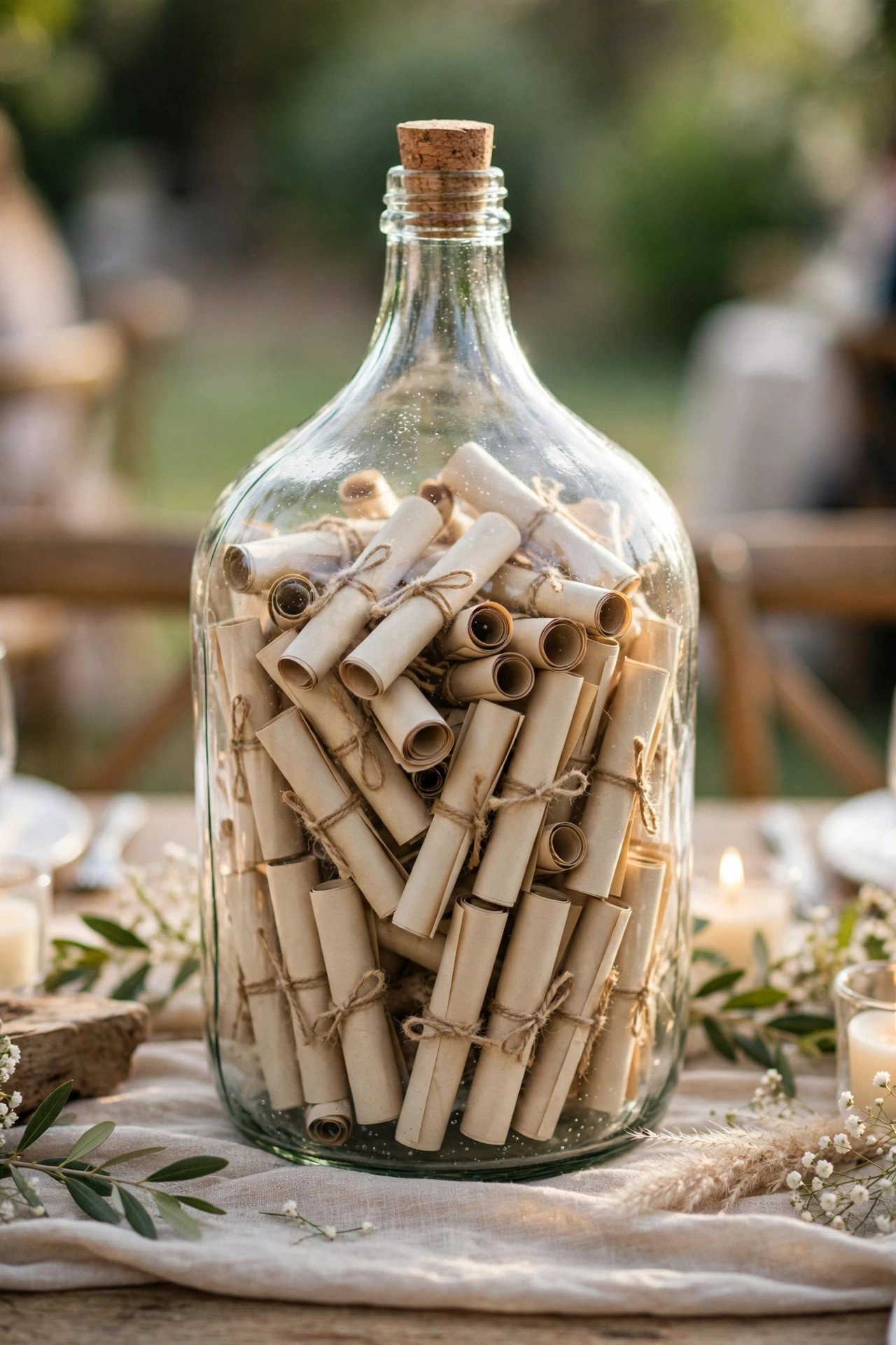 Rolled guest notes inside a large glass bottle
