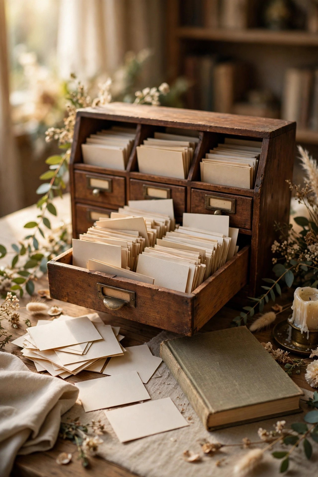 Library-style cards filled with guest notes in a card catalog box