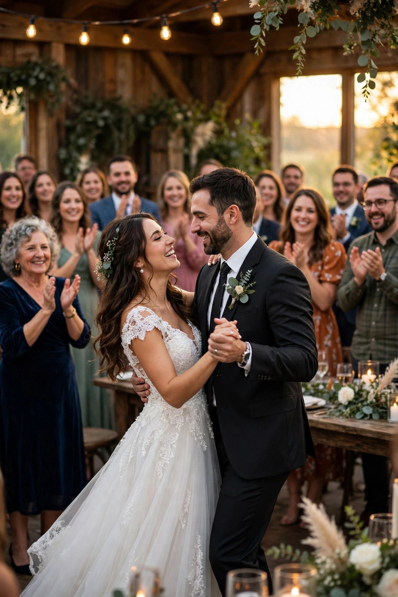 Couple sharing their first dance to (Everything I Do) I Do It for You
