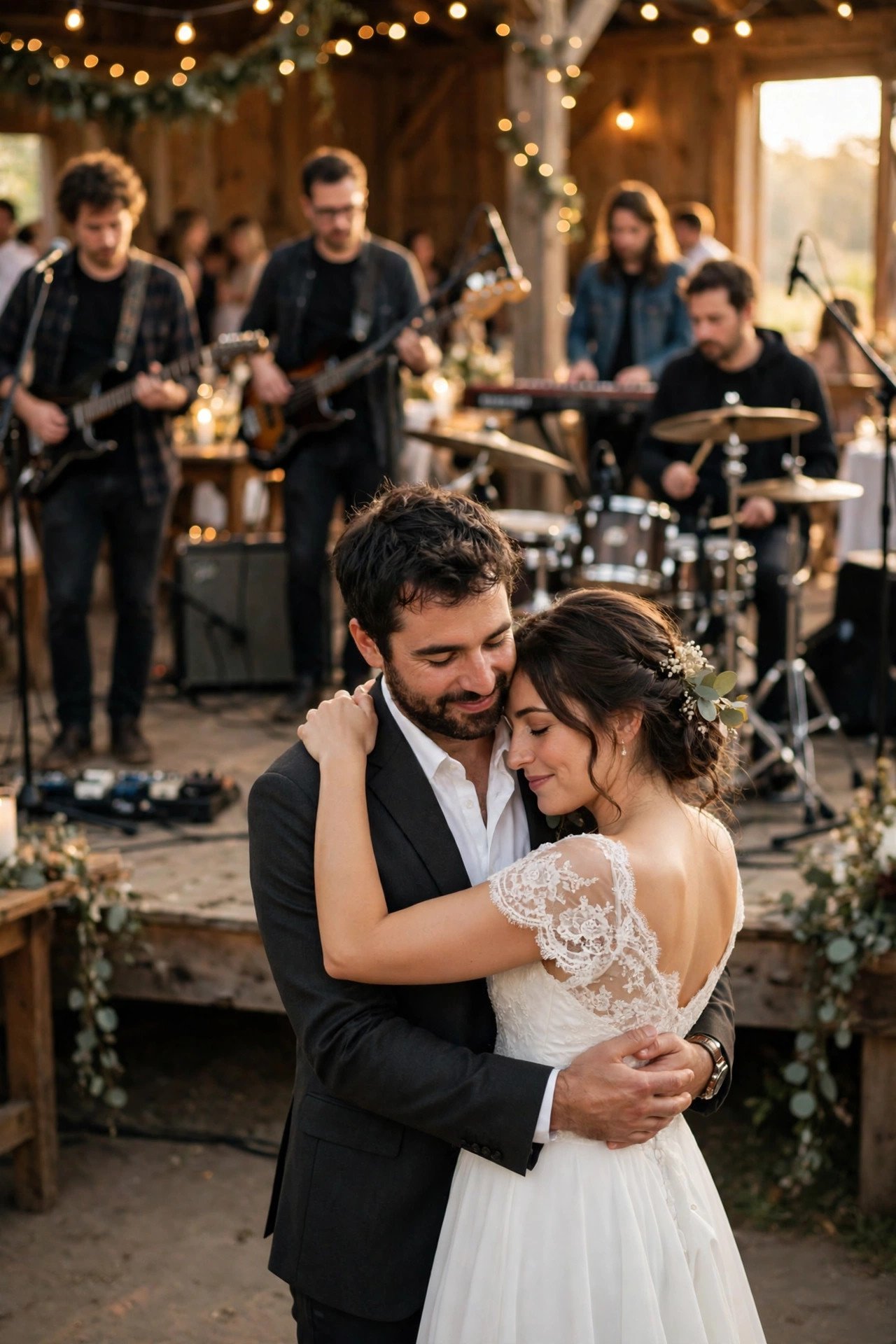Couple sharing their first dance to Faithfully