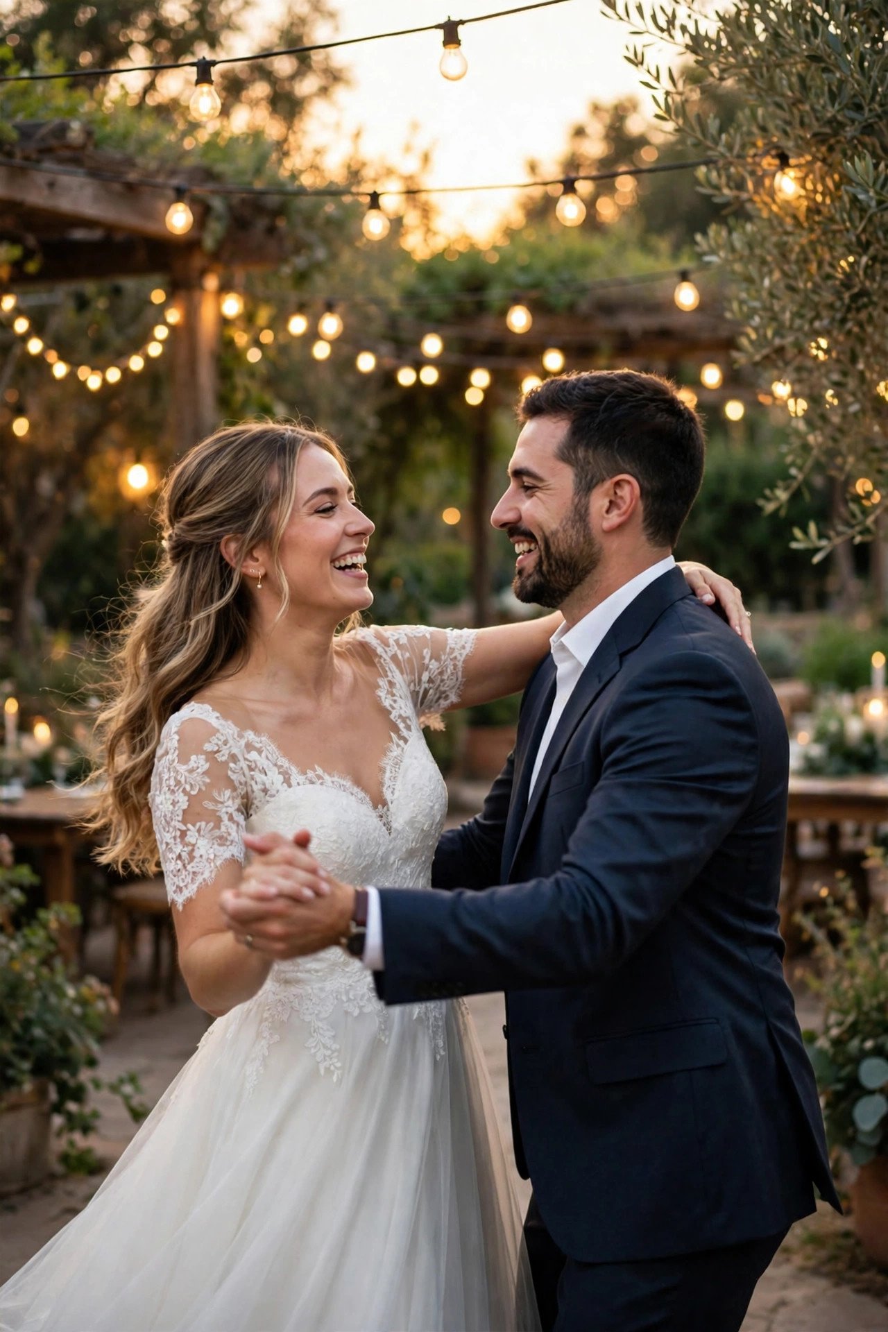 Newly married couple sharing their first dance under warm string lights