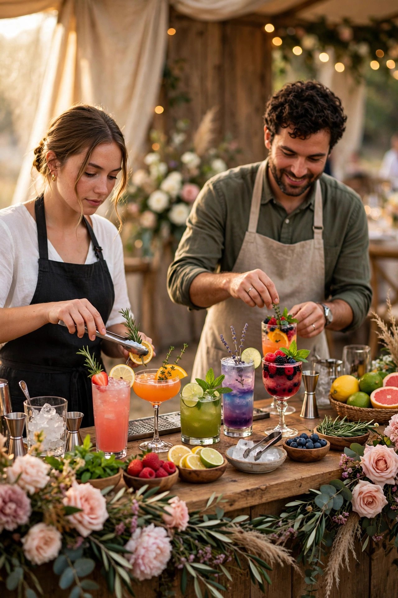 Staffed mocktail bar with colorful zero-proof drinks and garnishes